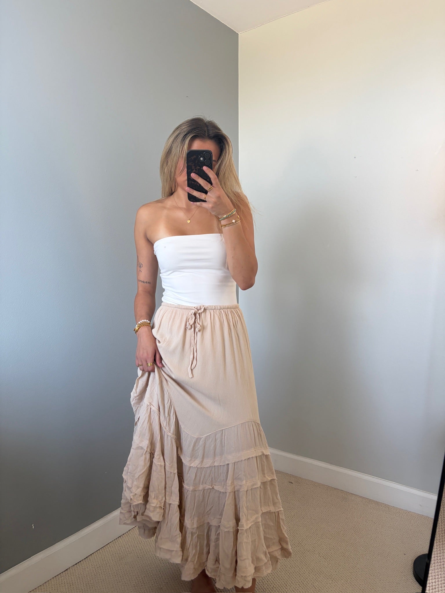 Reed Ruffle Maxi Skirt - Tan Natural