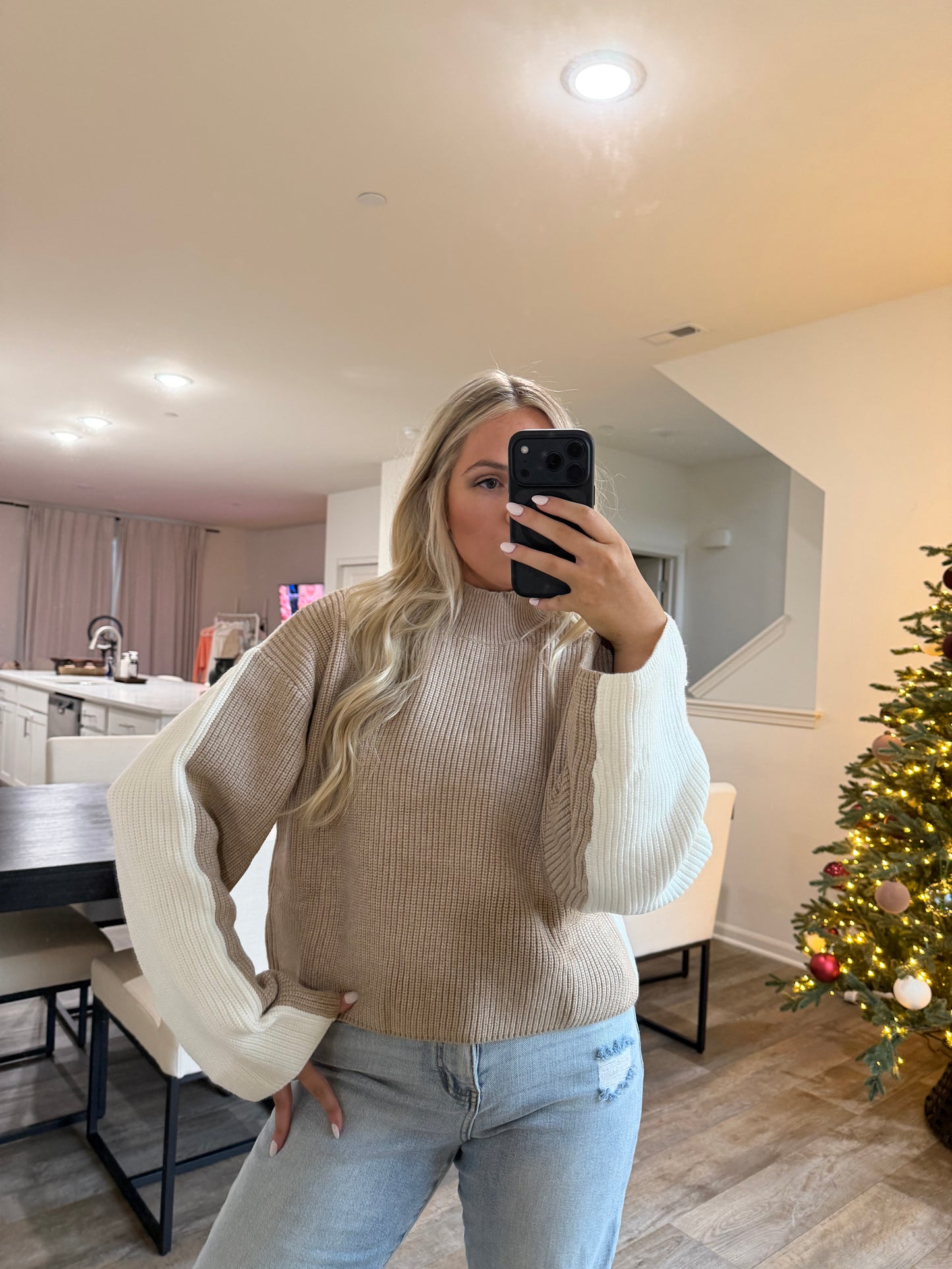 Carmen Mock Neck Two Tone Sweater-Taupe/Ivory