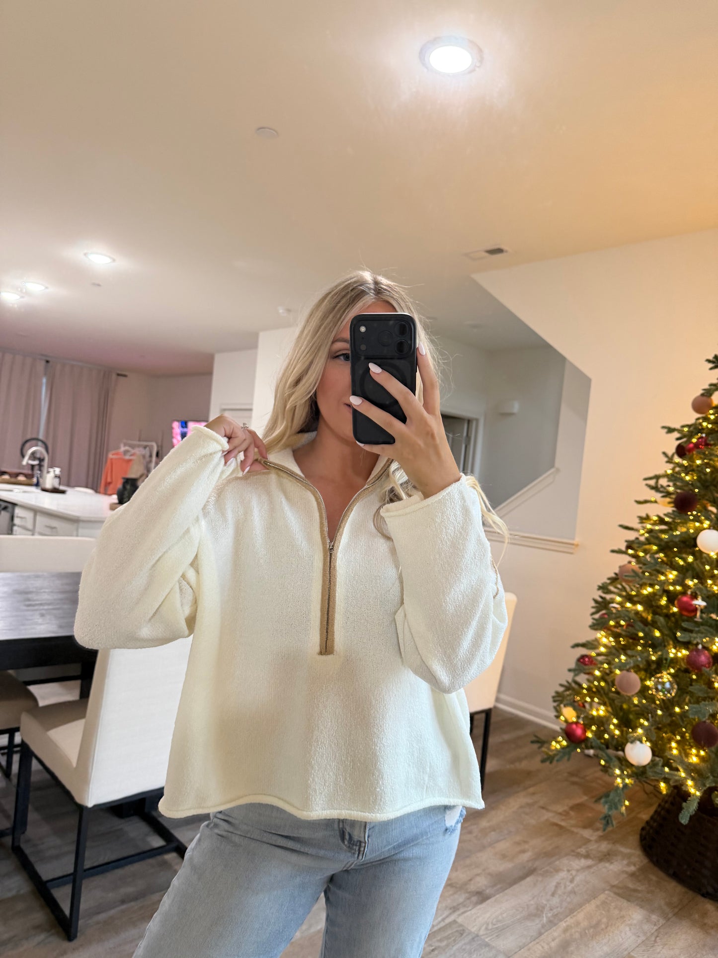 Stella Textured Knit Half Zip Mock Sweater - Cream