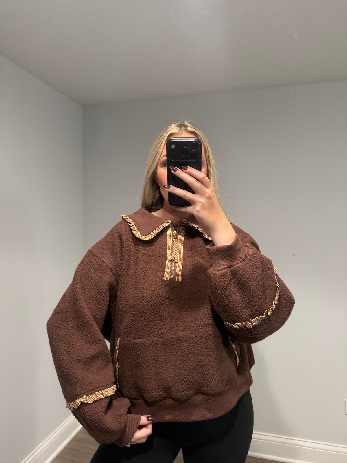 Kinsley Maple Gingham Sherpa Sweater - Brown