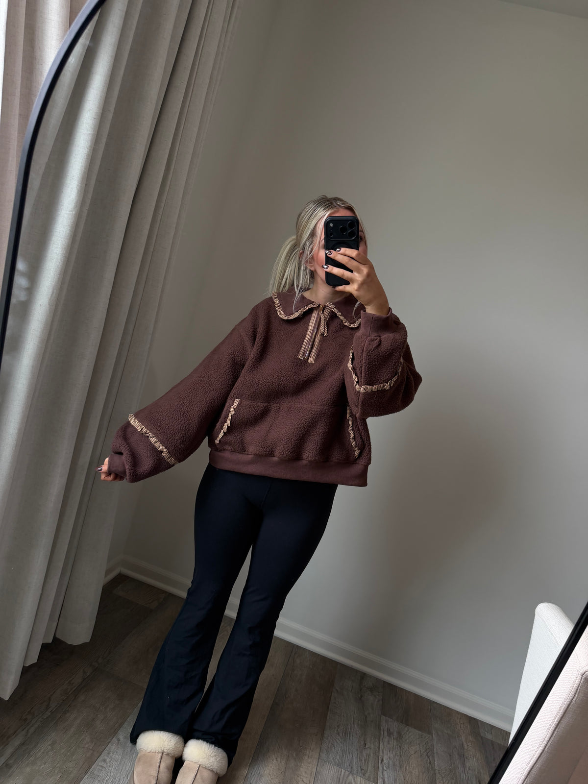 Kinsley Maple Gingham Sherpa Sweater - Brown