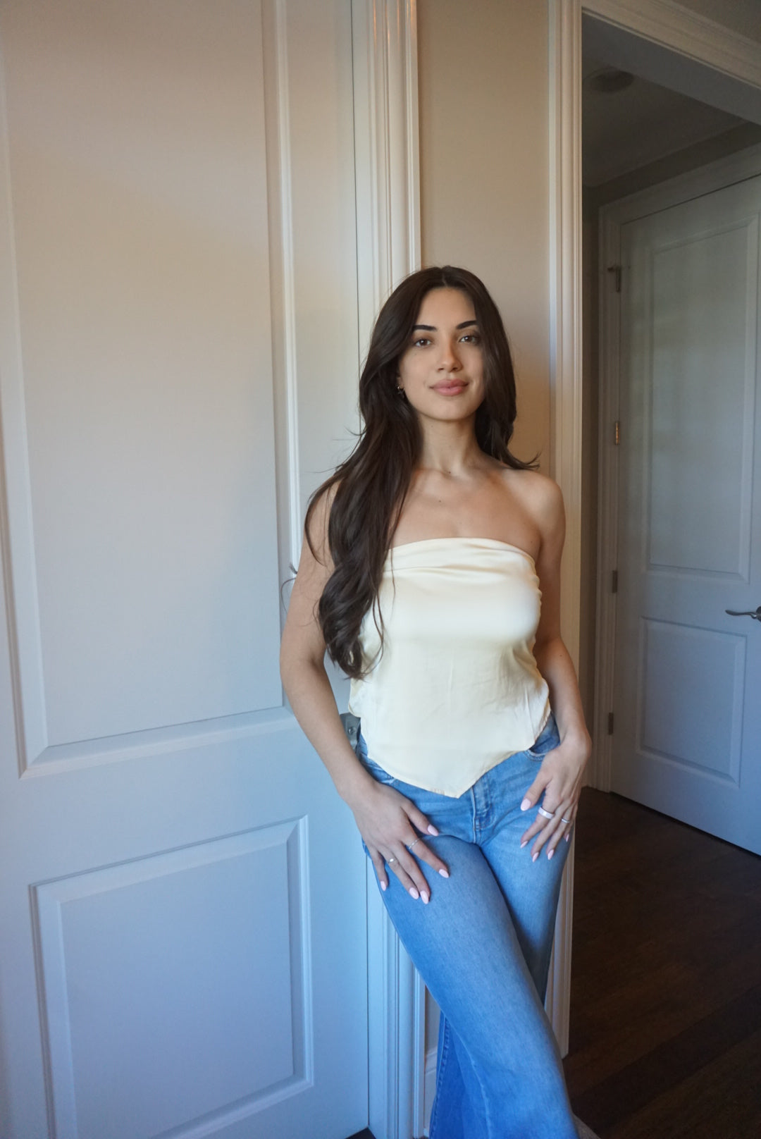 Zoe Butter Lemon Scarf Strapless Satin Top - Yellow
