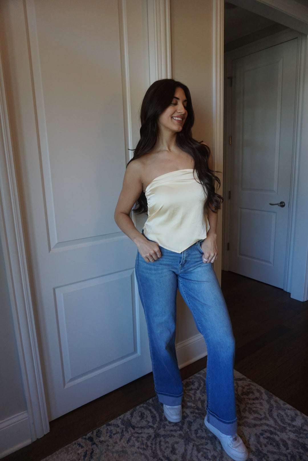 Zoe Butter Lemon Scarf Strapless Satin Top - Yellow
