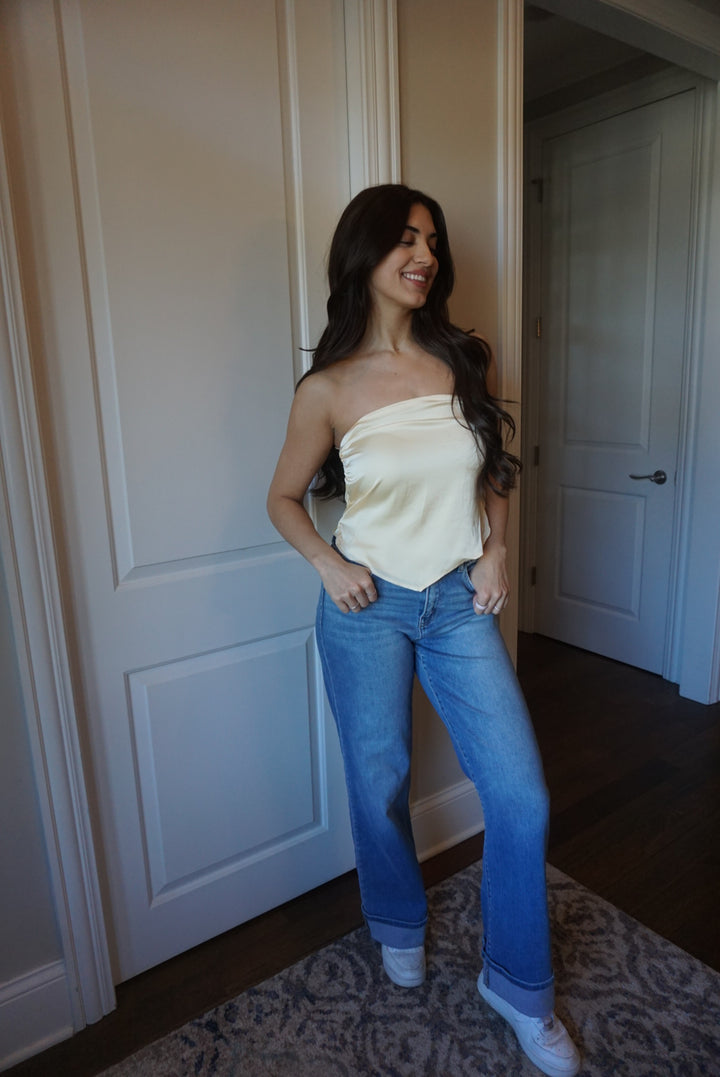 Zoe Butter Lemon Scarf Strapless Satin Top - Yellow