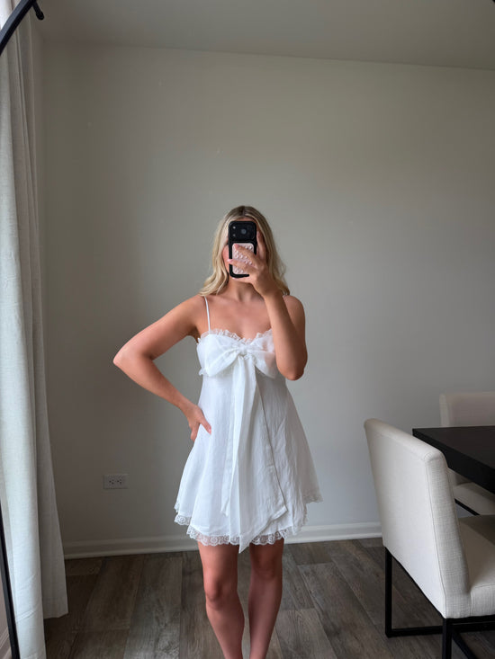 Aria Bow Lace Mini Dress - White