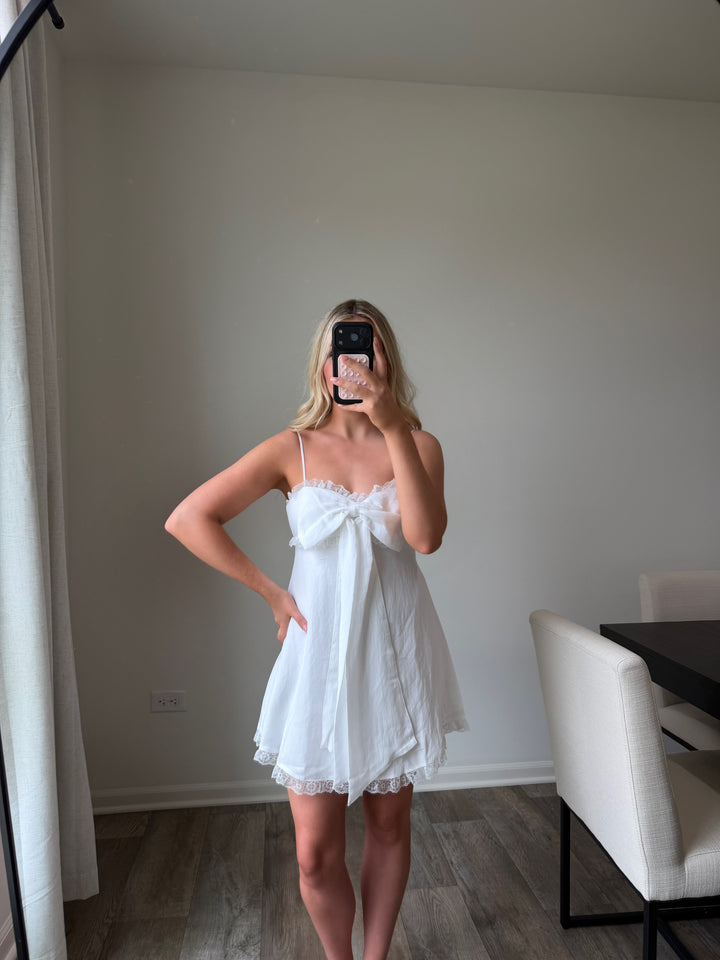 Aria Bow Lace Mini Dress - White