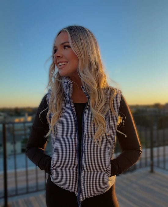 Gia Gingham Puffer Vest - Blue