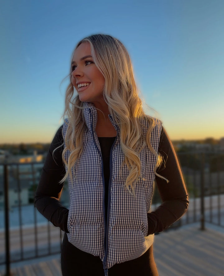 Gia Gingham Puffer Vest - Blue