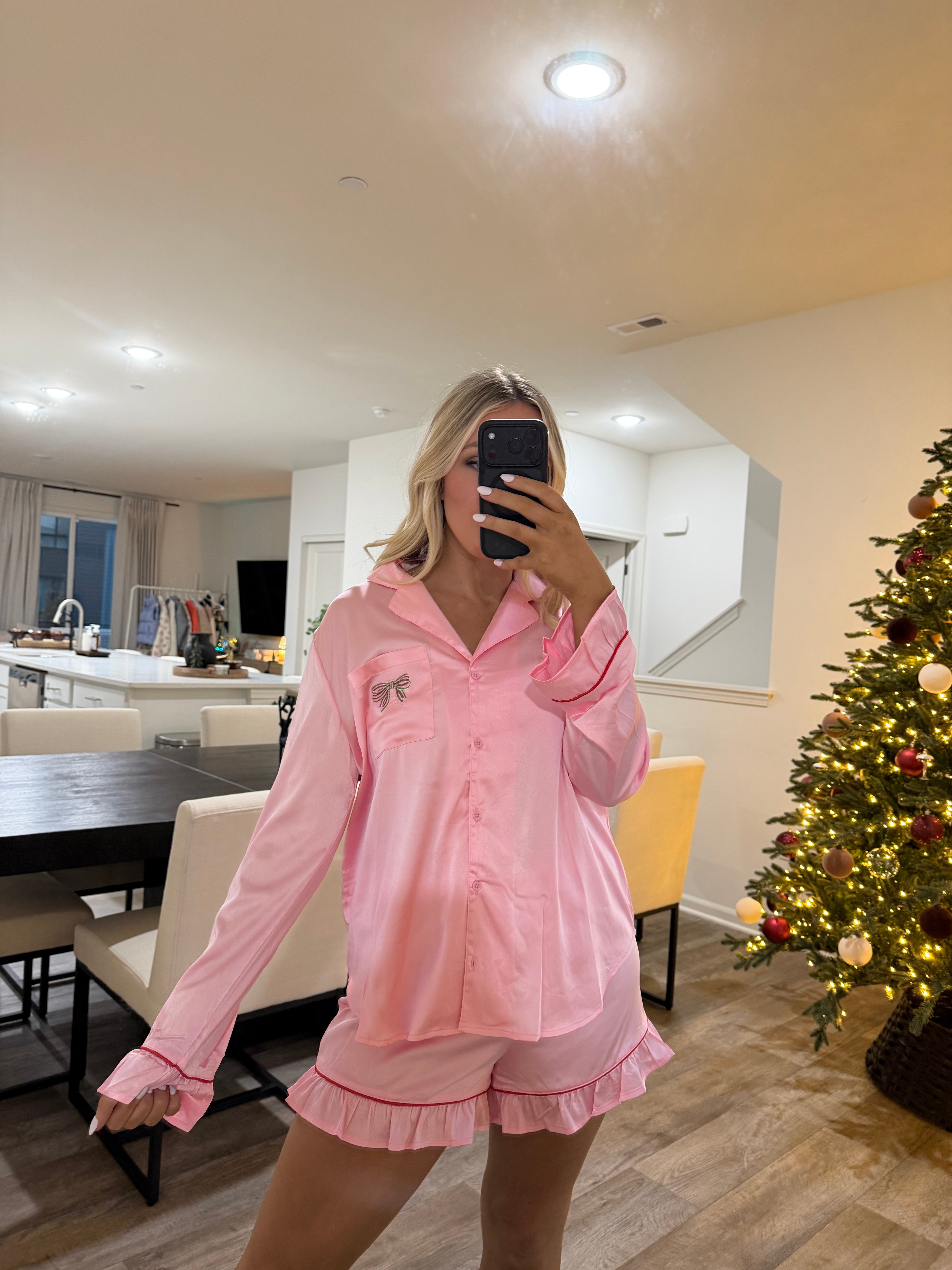 Cindy Pink Holiday Bow Pajamas - Pink