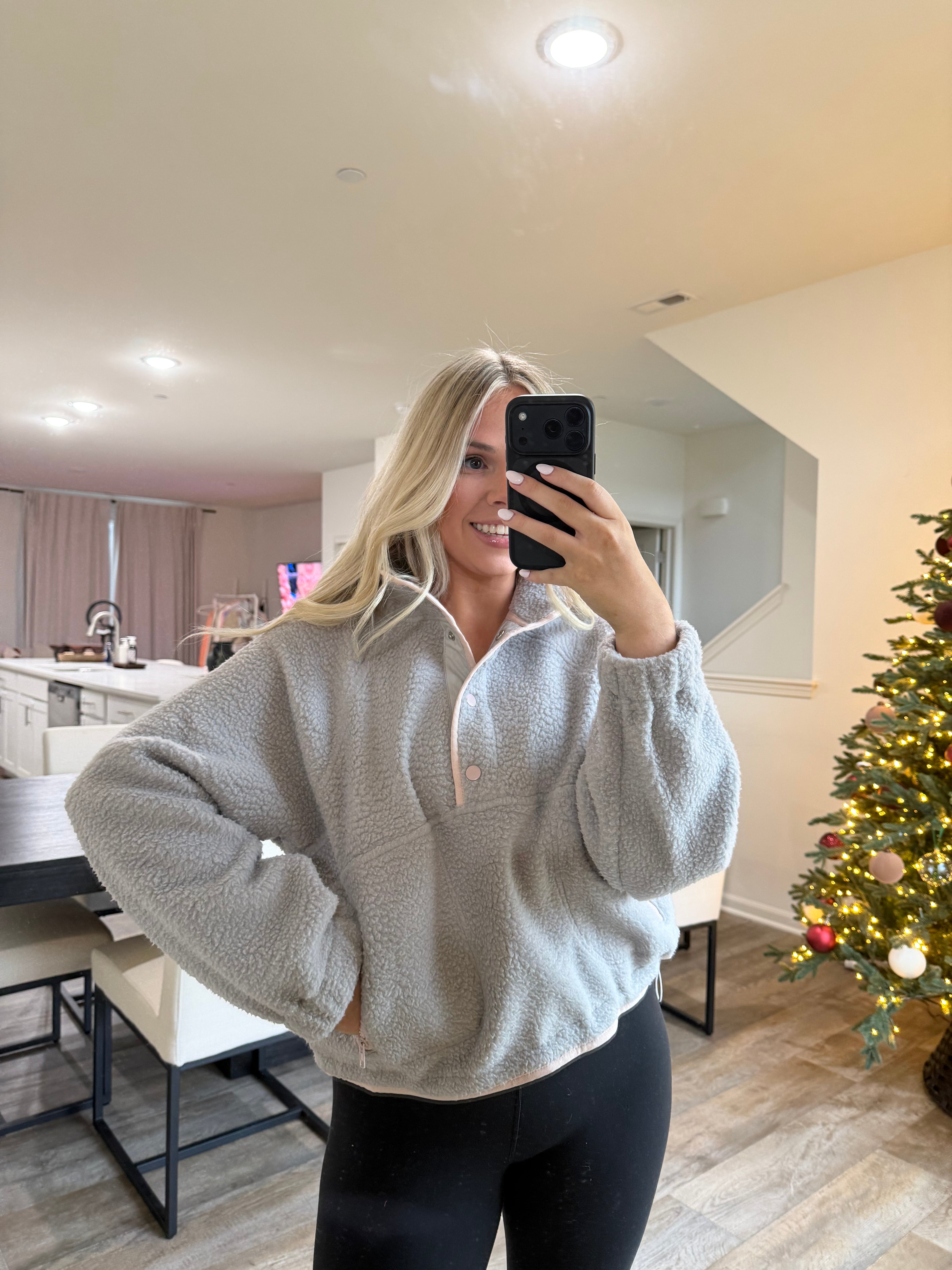 Halle Fleece Button Sweater- Gray/Lt Pink