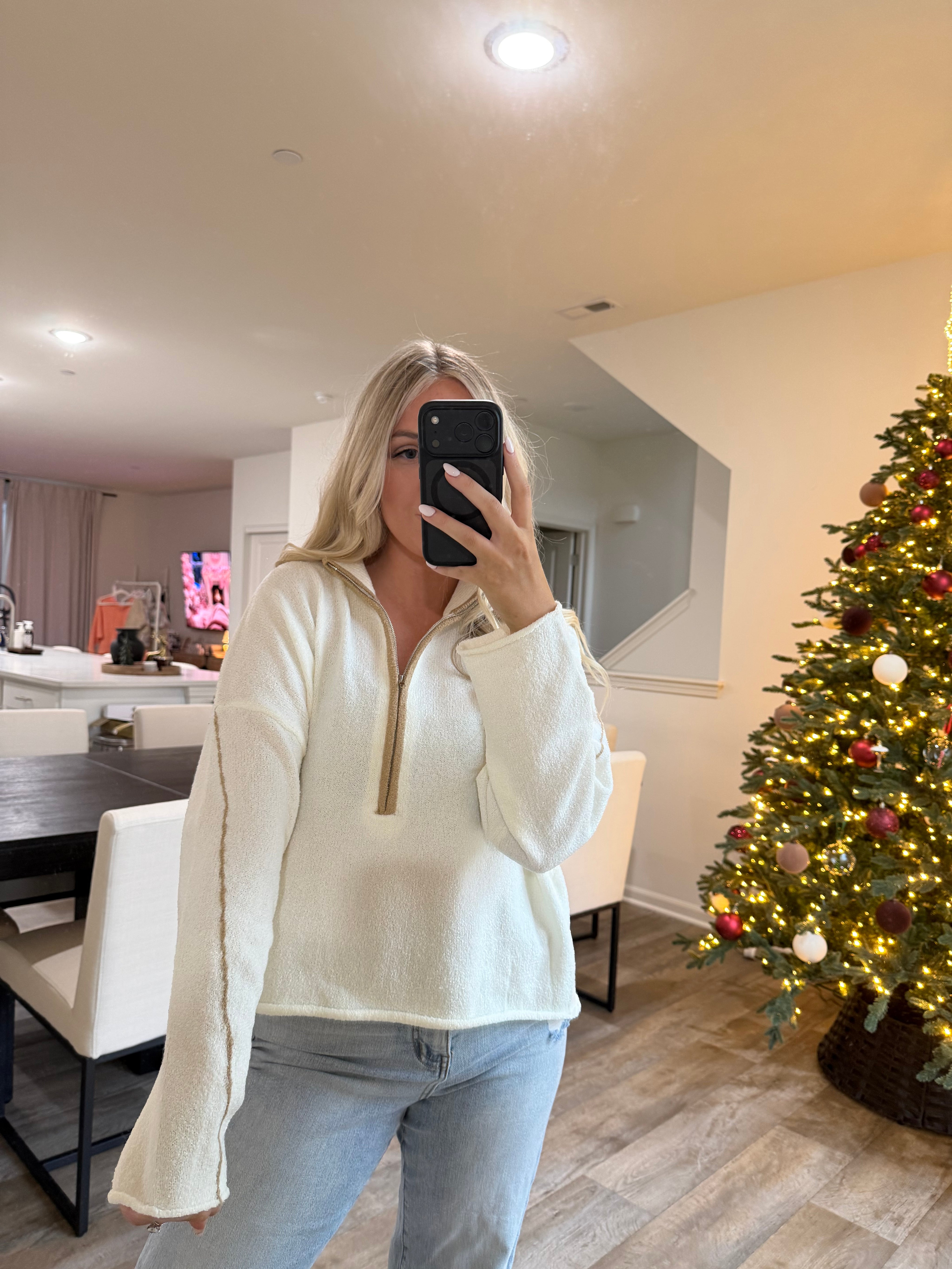 Stella Textured Knit Half Zip Mock Sweater - Cream