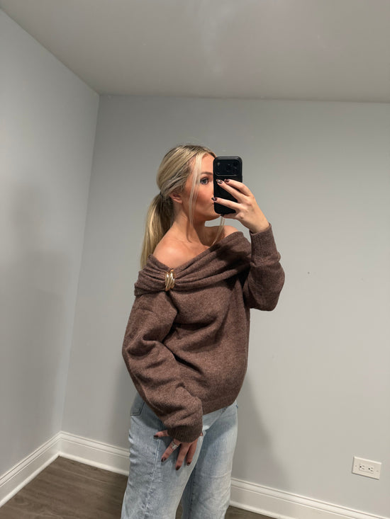 Emory Off the Shoulder Buckle Sweater - Brown