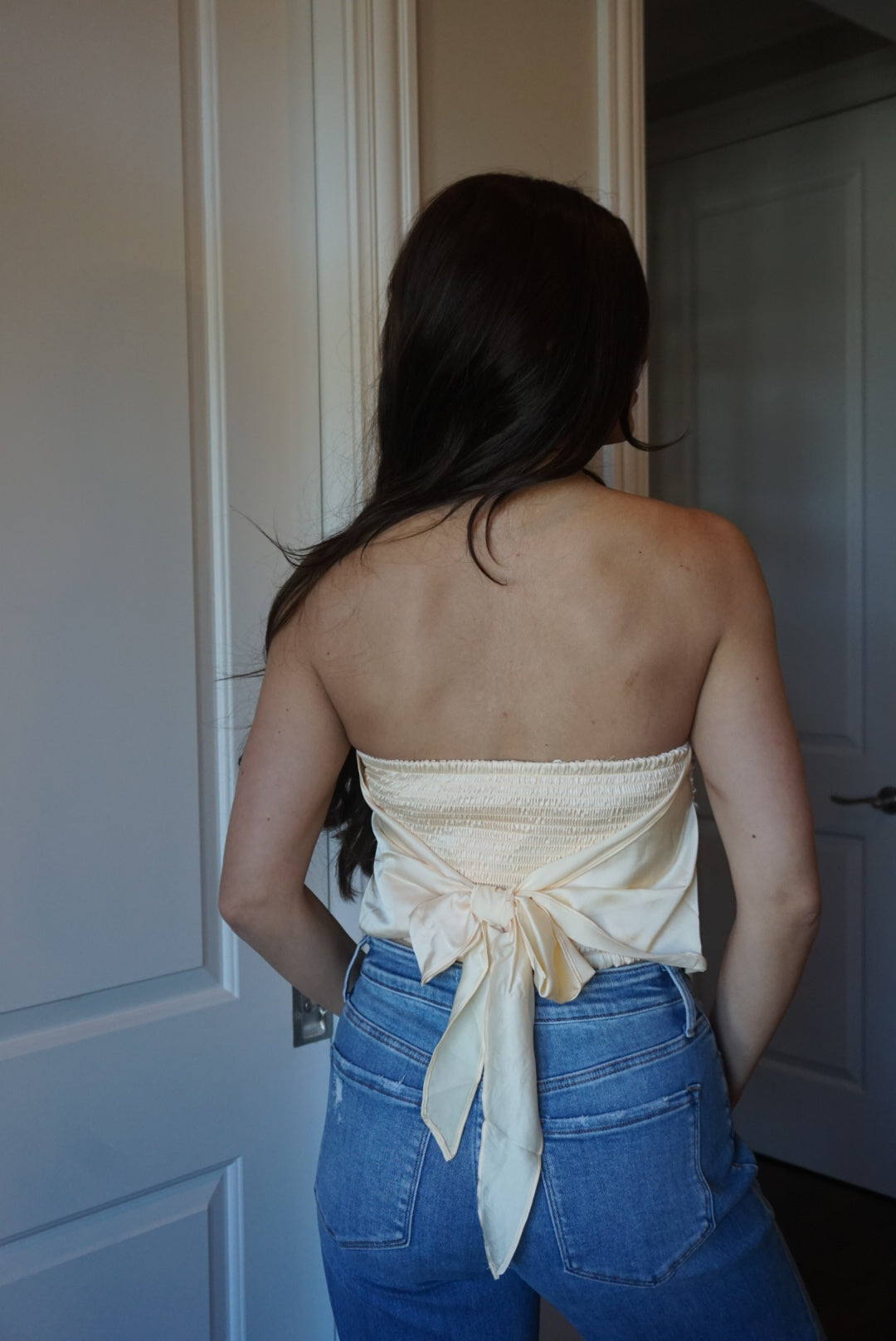 Zoe Butter Lemon Scarf Strapless Satin Top - Yellow