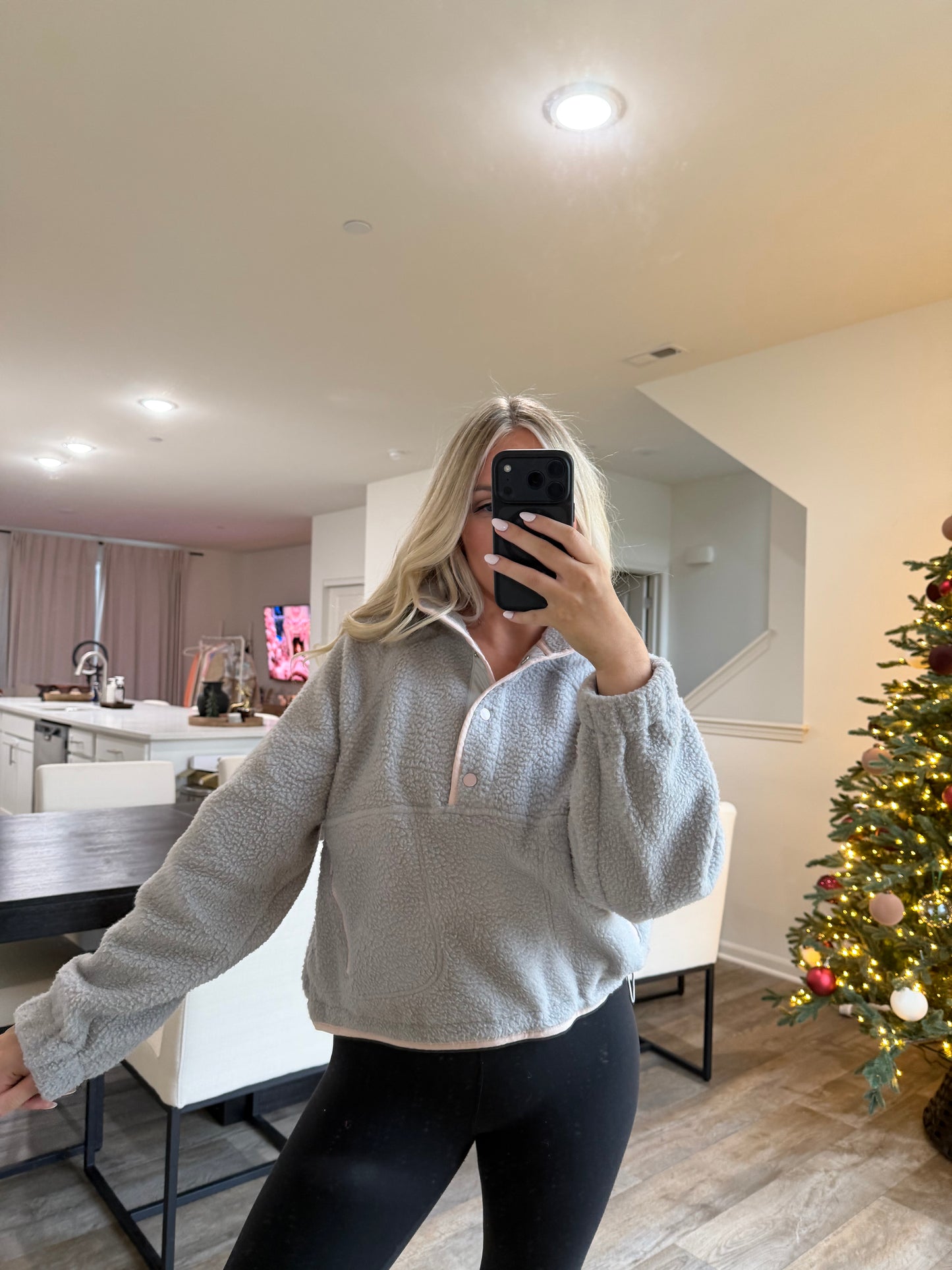 Halle Fleece Button Sweater- Gray/Lt Pink