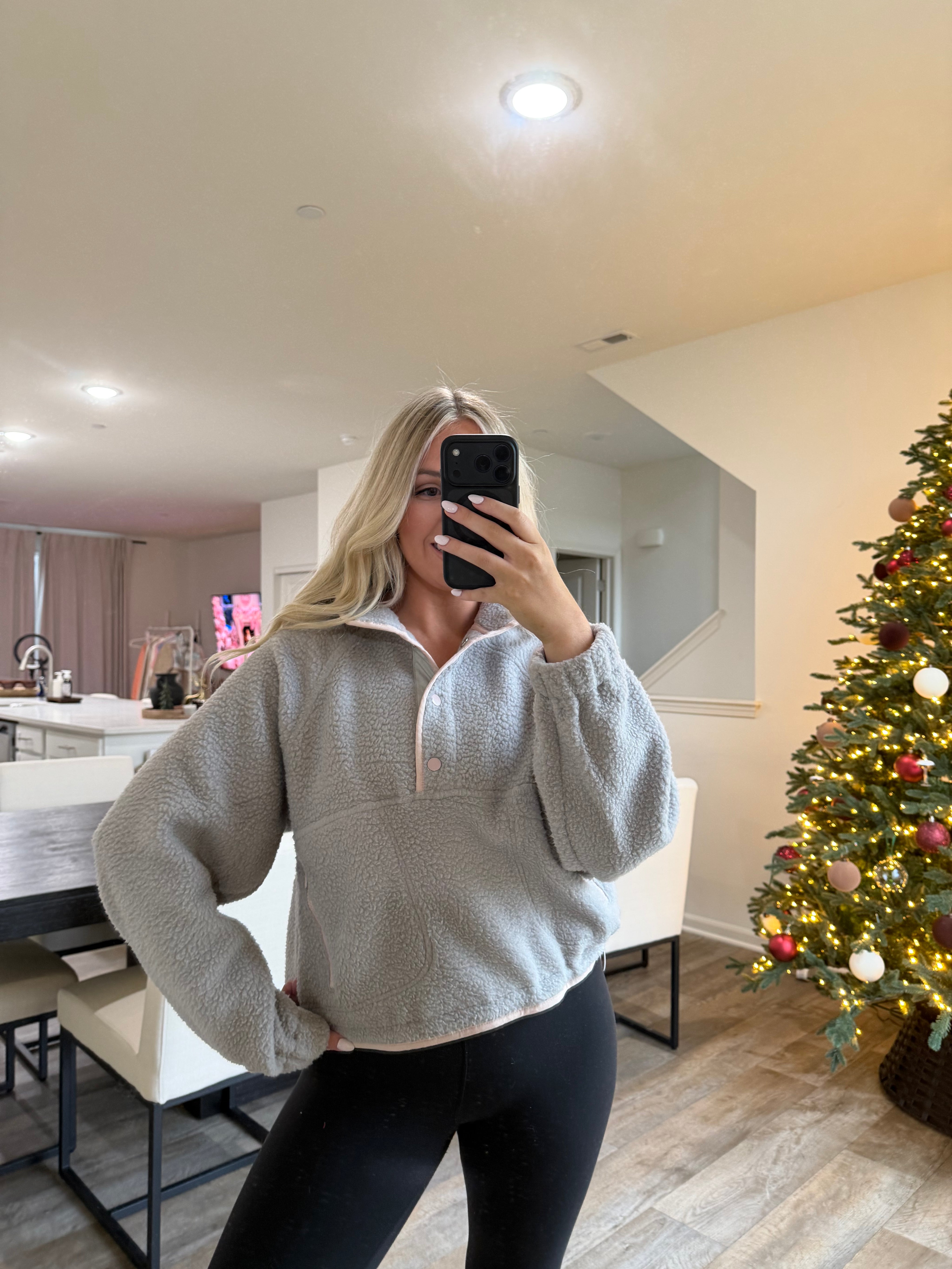 Halle Fleece Button Sweater- Gray/Lt Pink