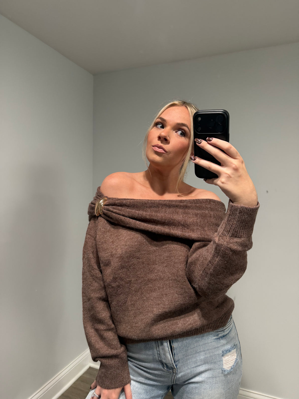Emory Off the Shoulder Buckle Sweater - Brown