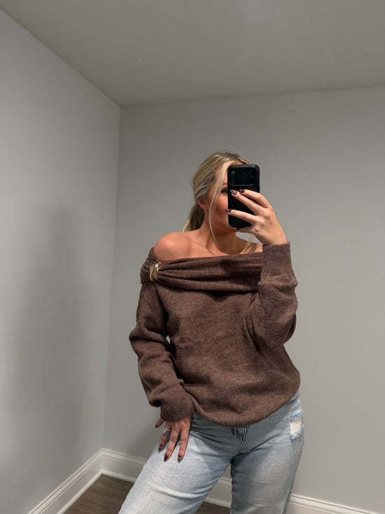 Emory Off the Shoulder Buckle Sweater - Brown