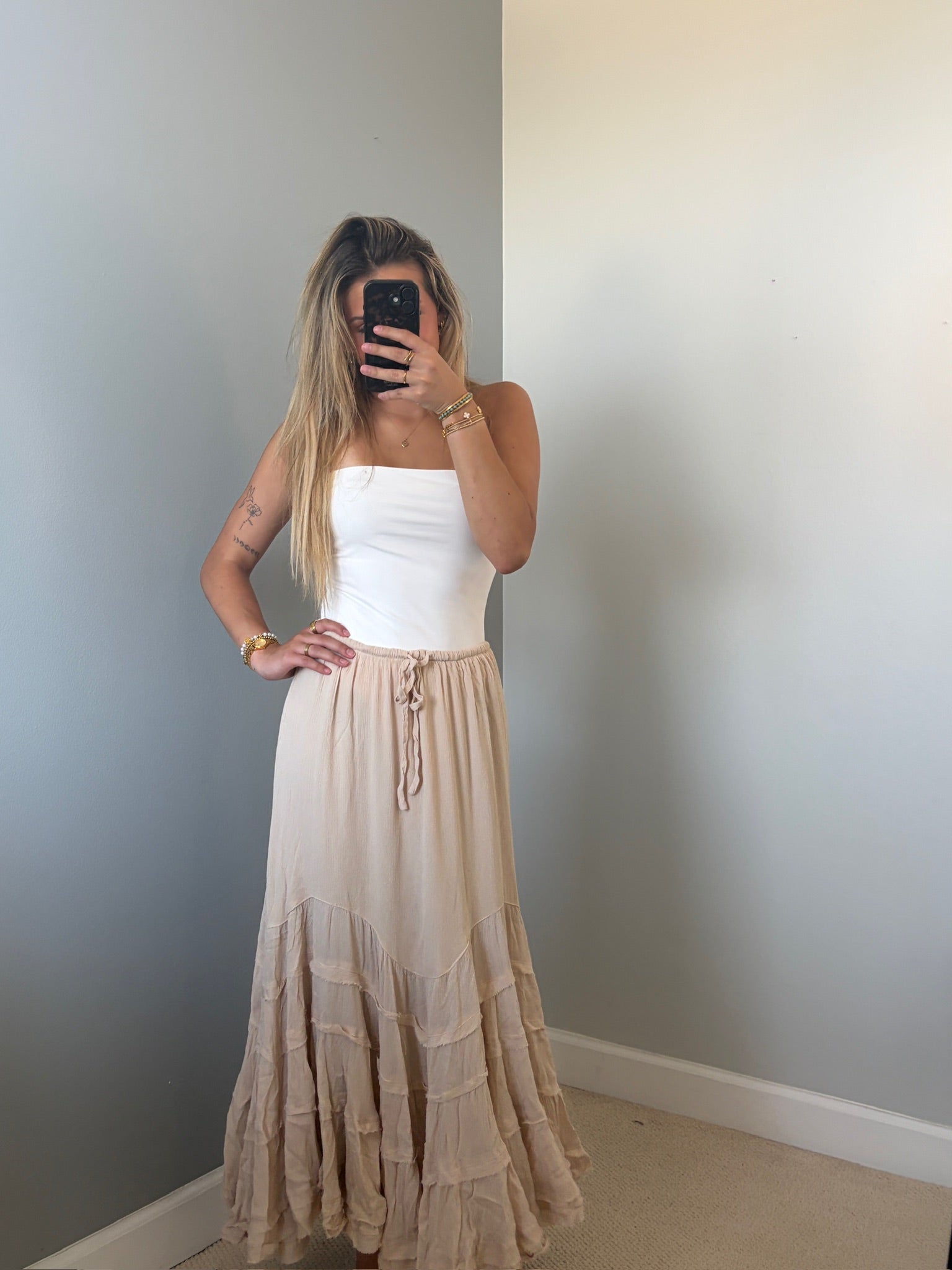 Reed Ruffle Maxi Skirt - Tan Natural
