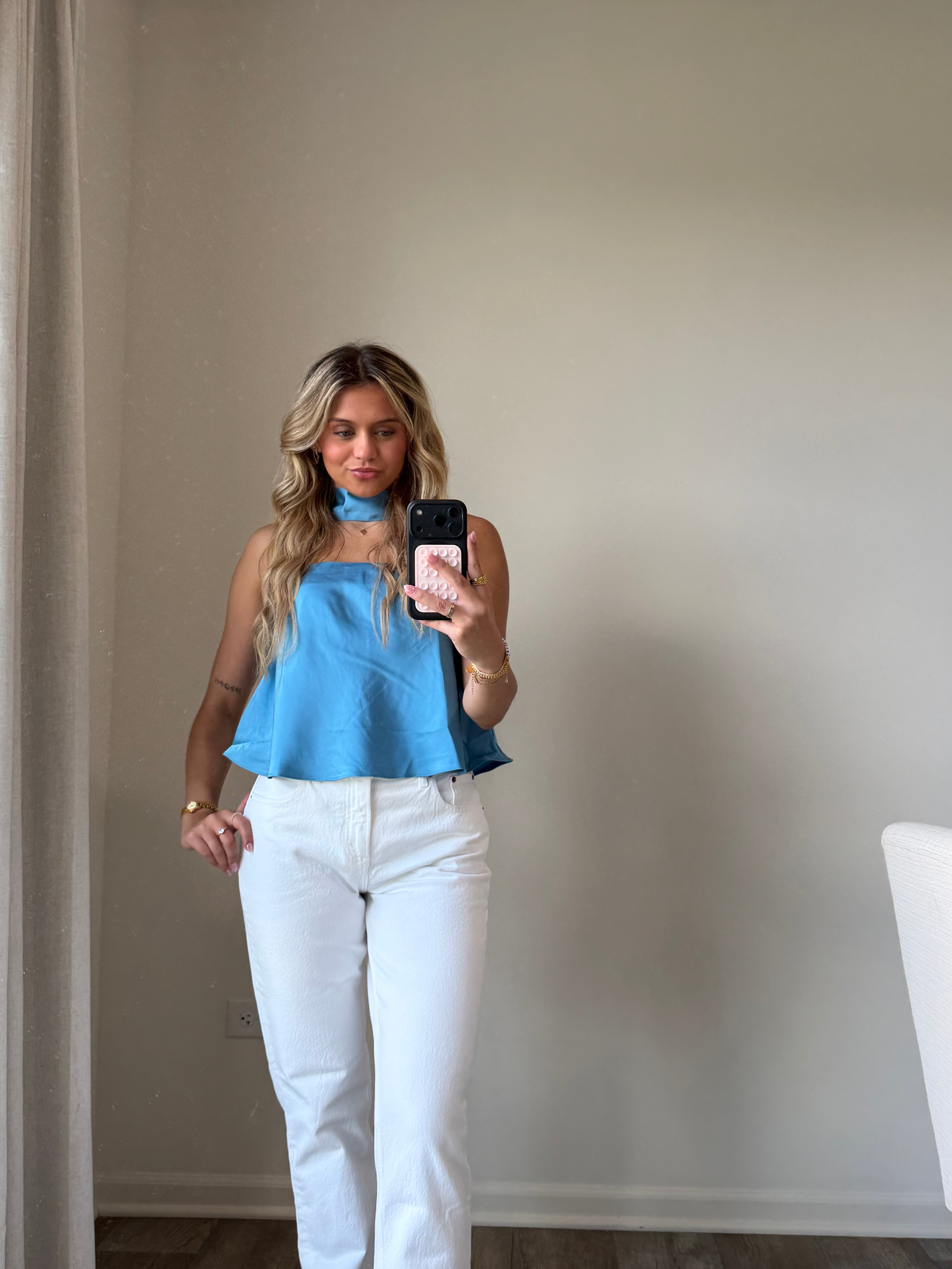 Sav Strapless Scarf Satin Top - Blue