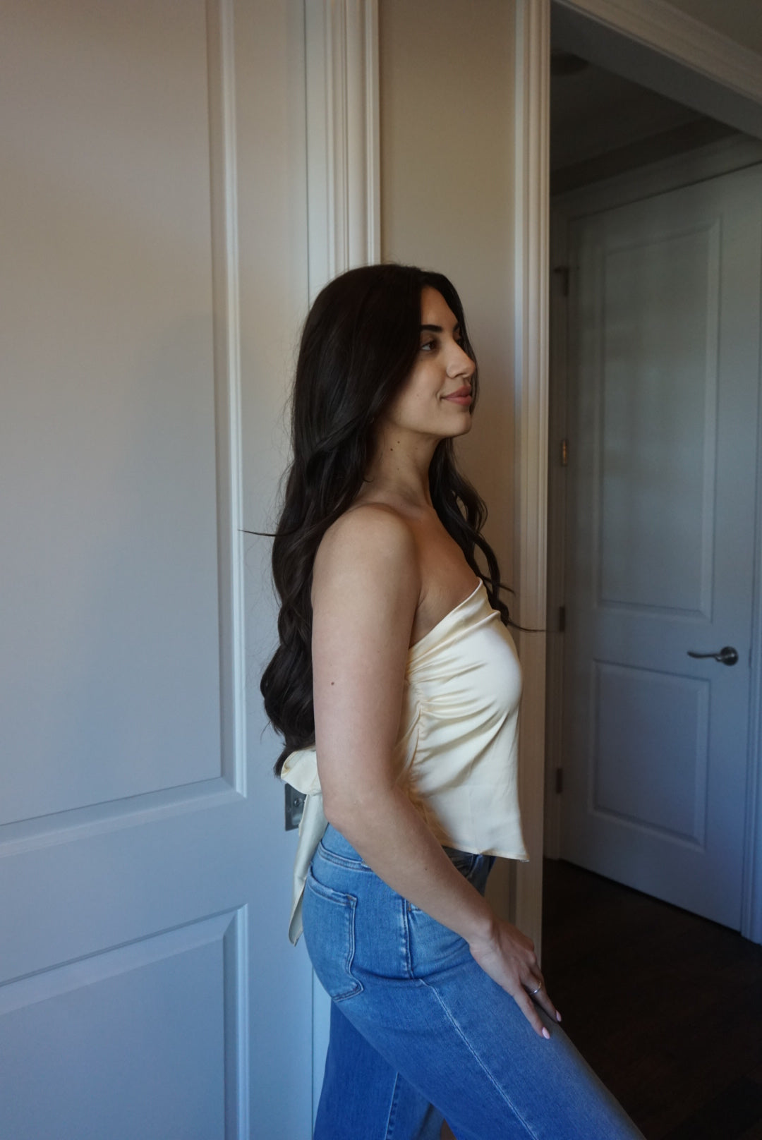 Zoe Butter Lemon Scarf Strapless Satin Top - Yellow