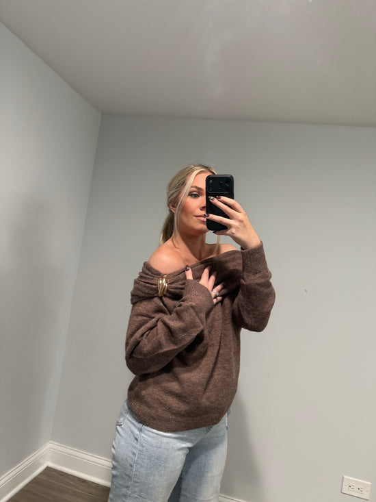 Emory Off the Shoulder Buckle Sweater - Brown