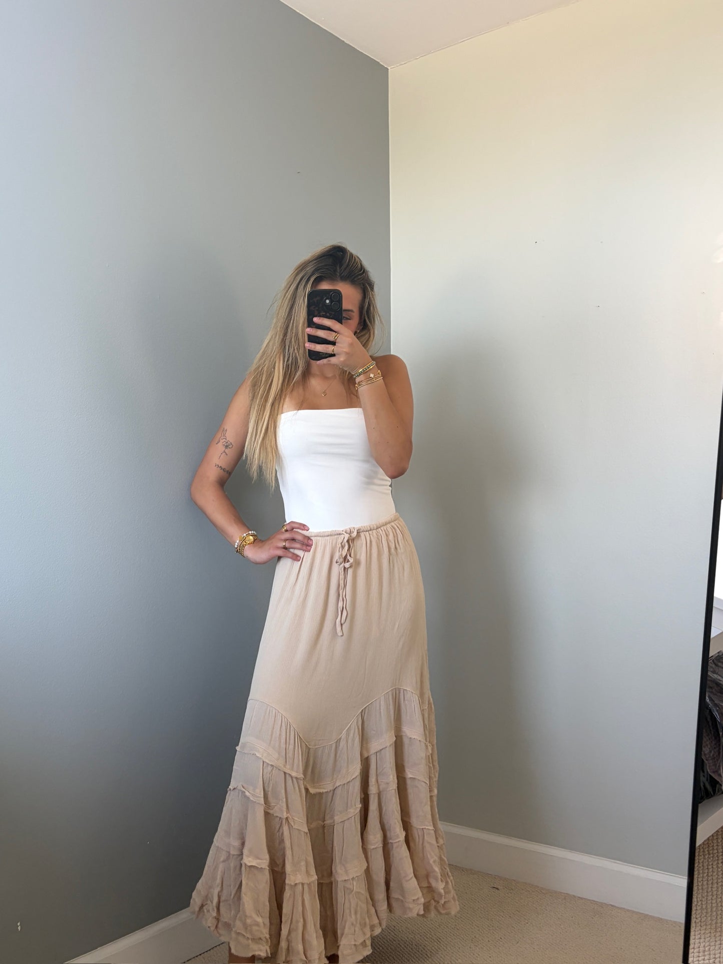 Reed Ruffle Maxi Skirt - Tan Natural