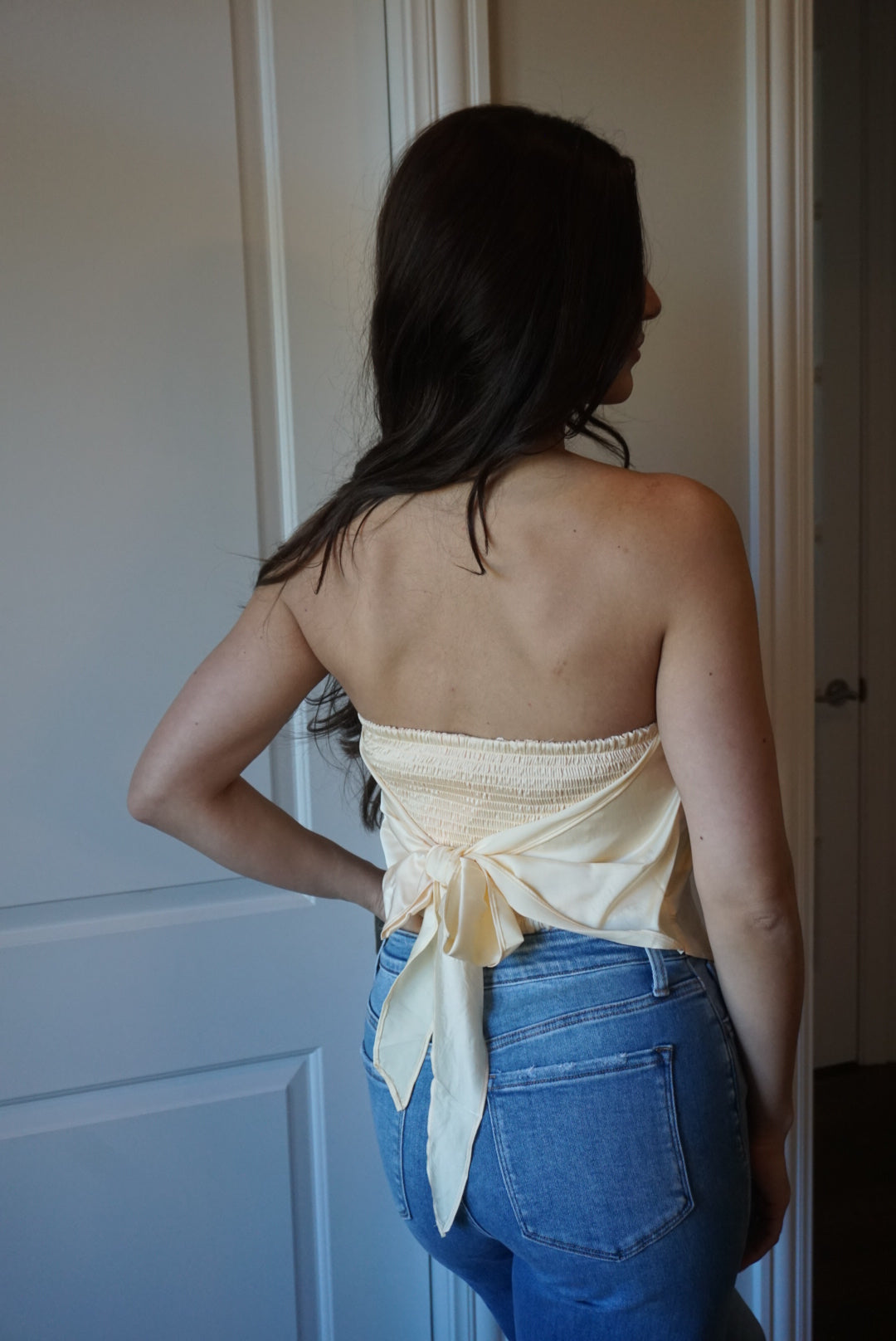 Zoe Butter Lemon Scarf Strapless Satin Top - Yellow