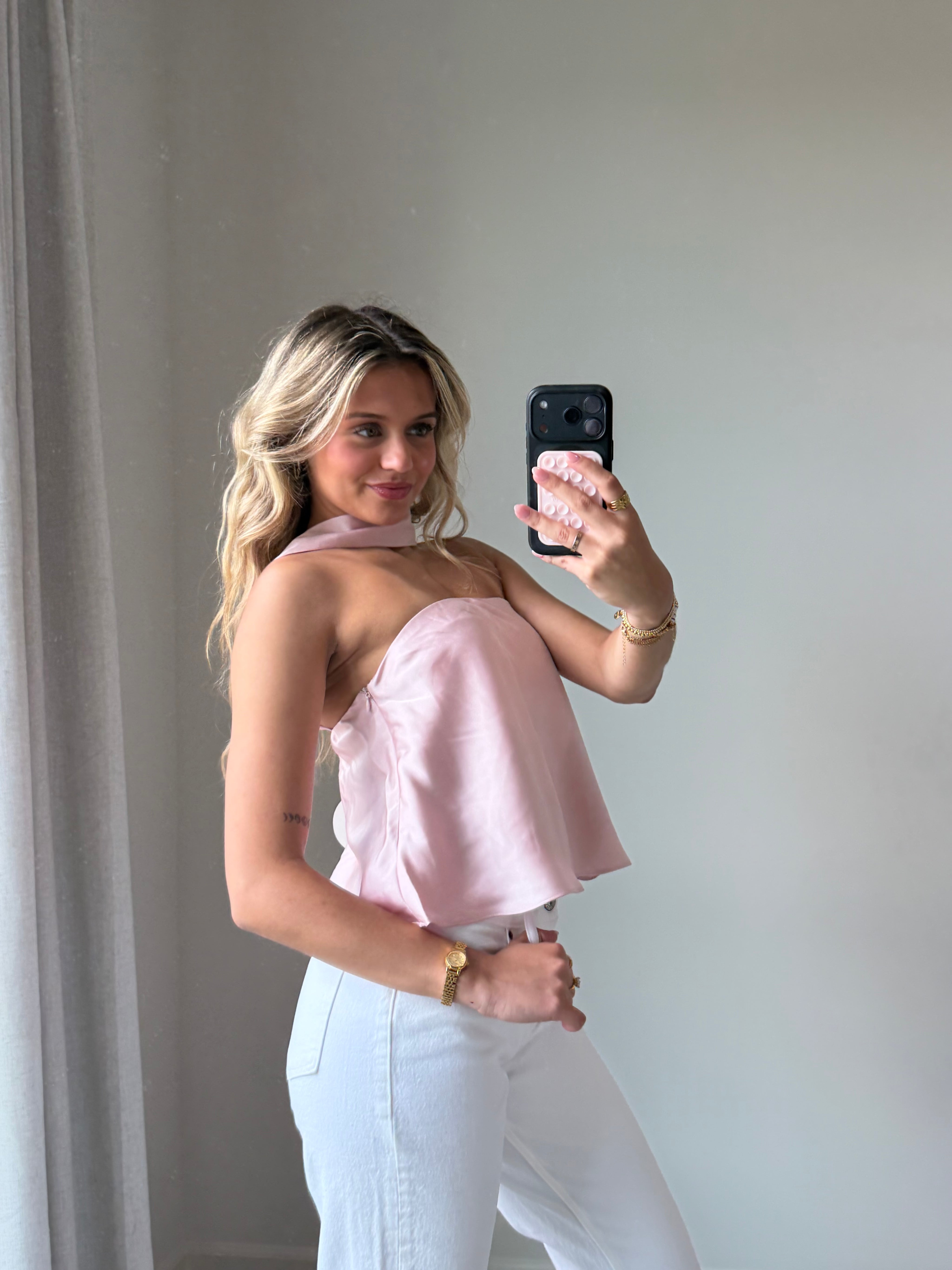 Sav Strapless Scarf Satin Top - Pink