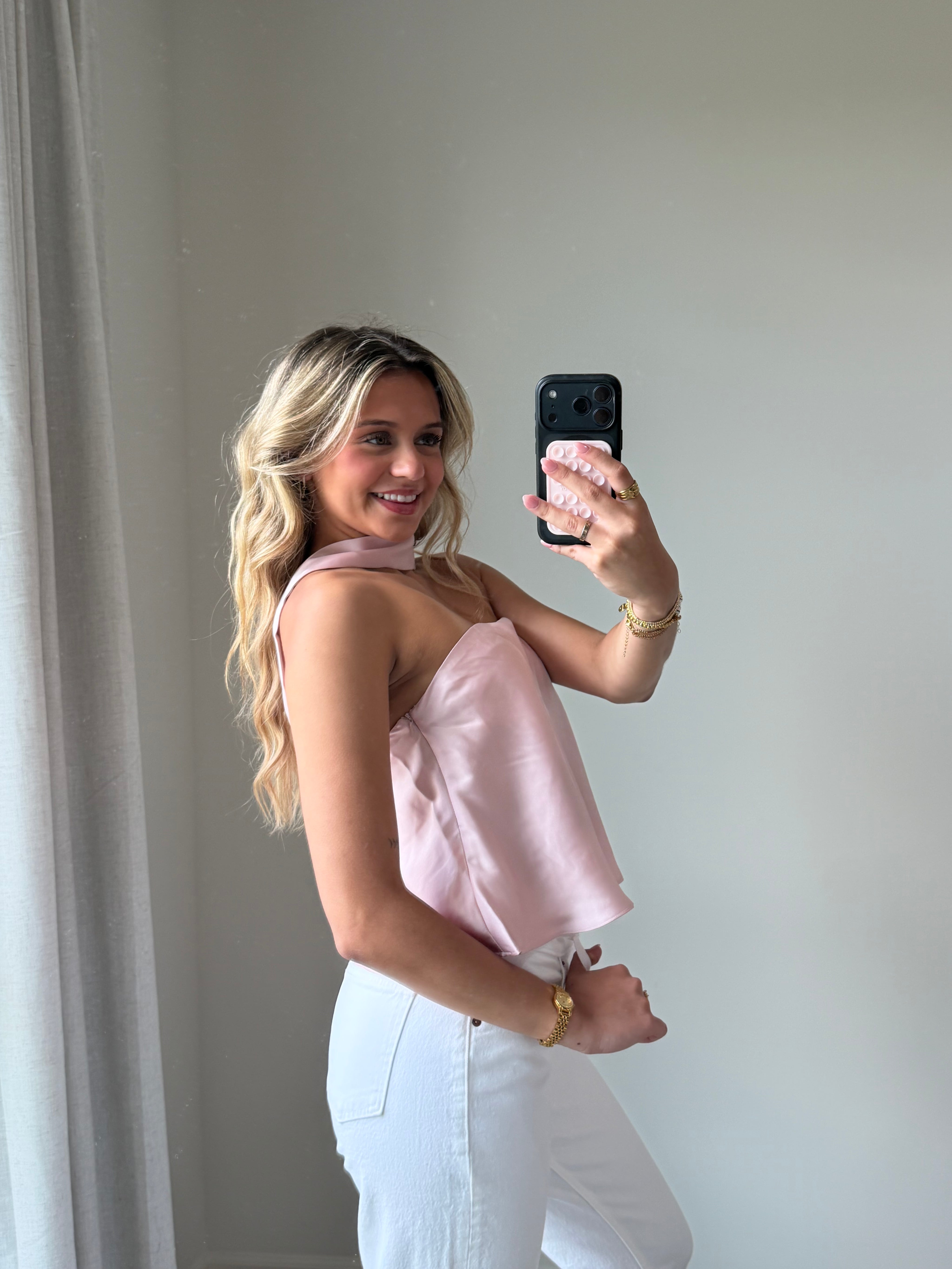 Sav Strapless Scarf Satin Top - Pink