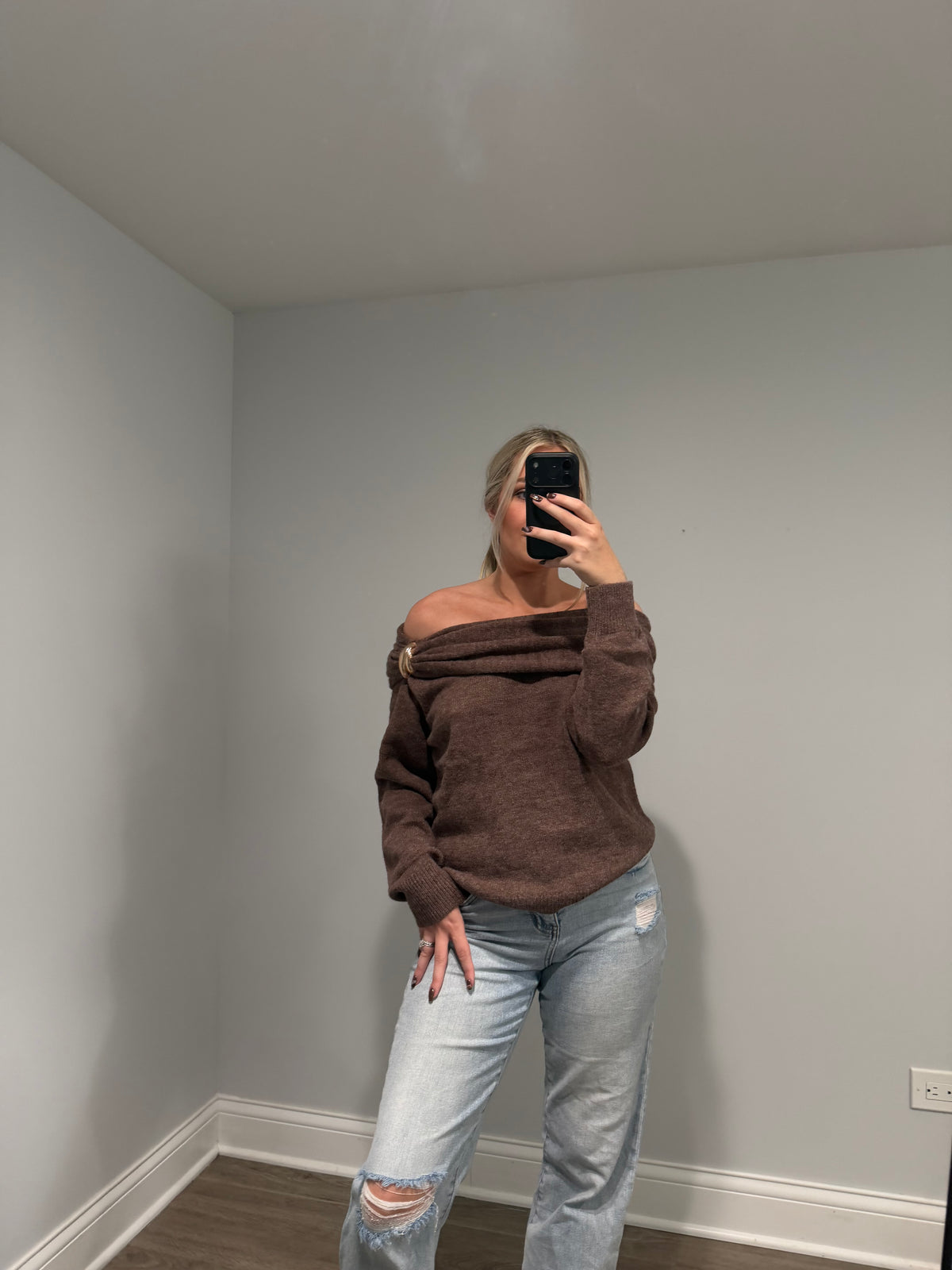 Emory Off the Shoulder Buckle Sweater - Brown