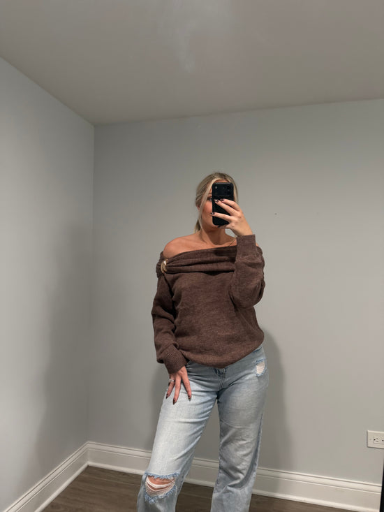 Emory Off the Shoulder Buckle Sweater - Brown