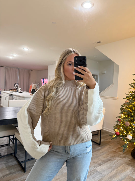 Carmen Mock Neck Two Tone Sweater-Taupe/Ivory