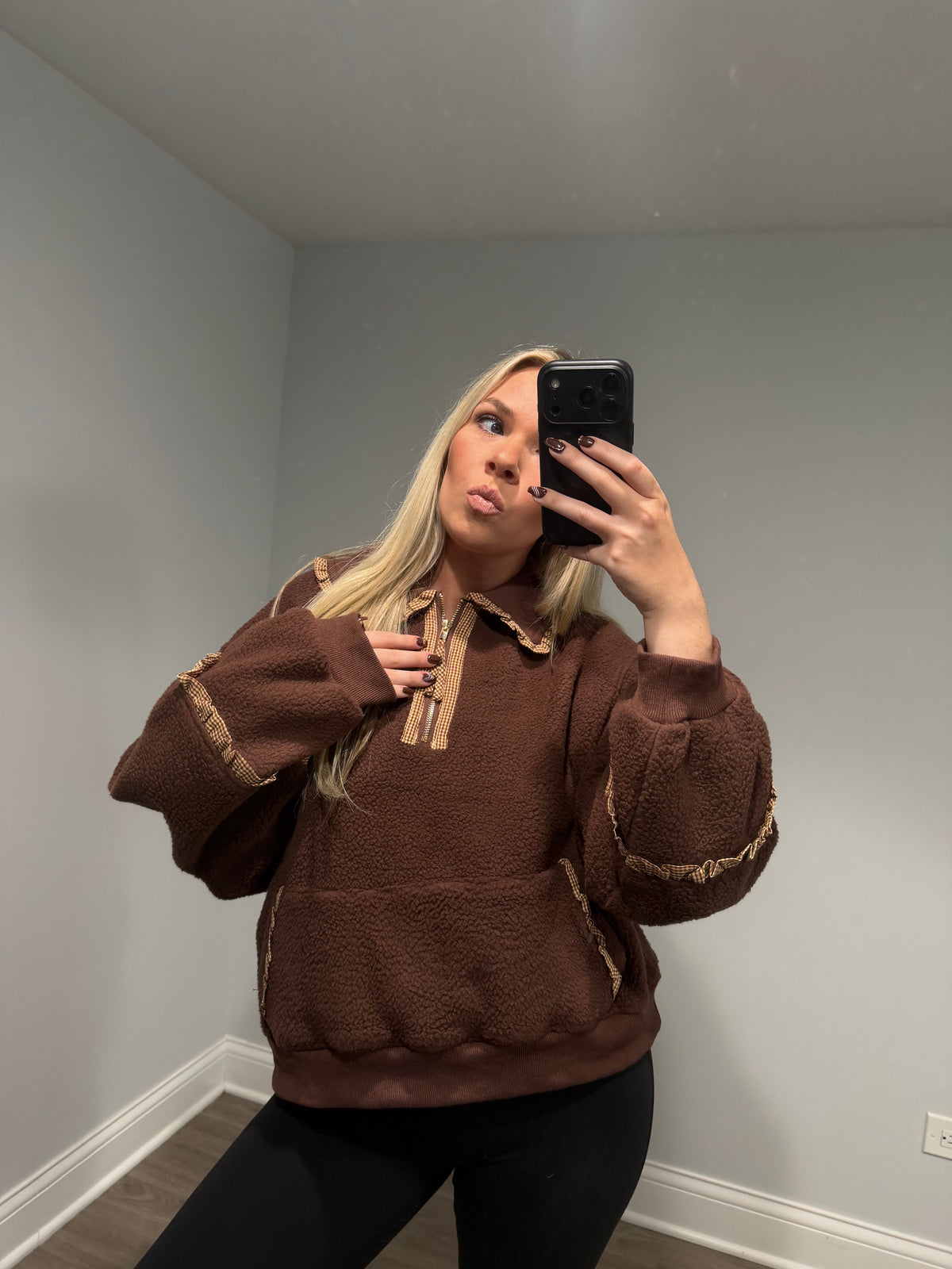 Kinsley Maple Gingham Sherpa Sweater - Brown