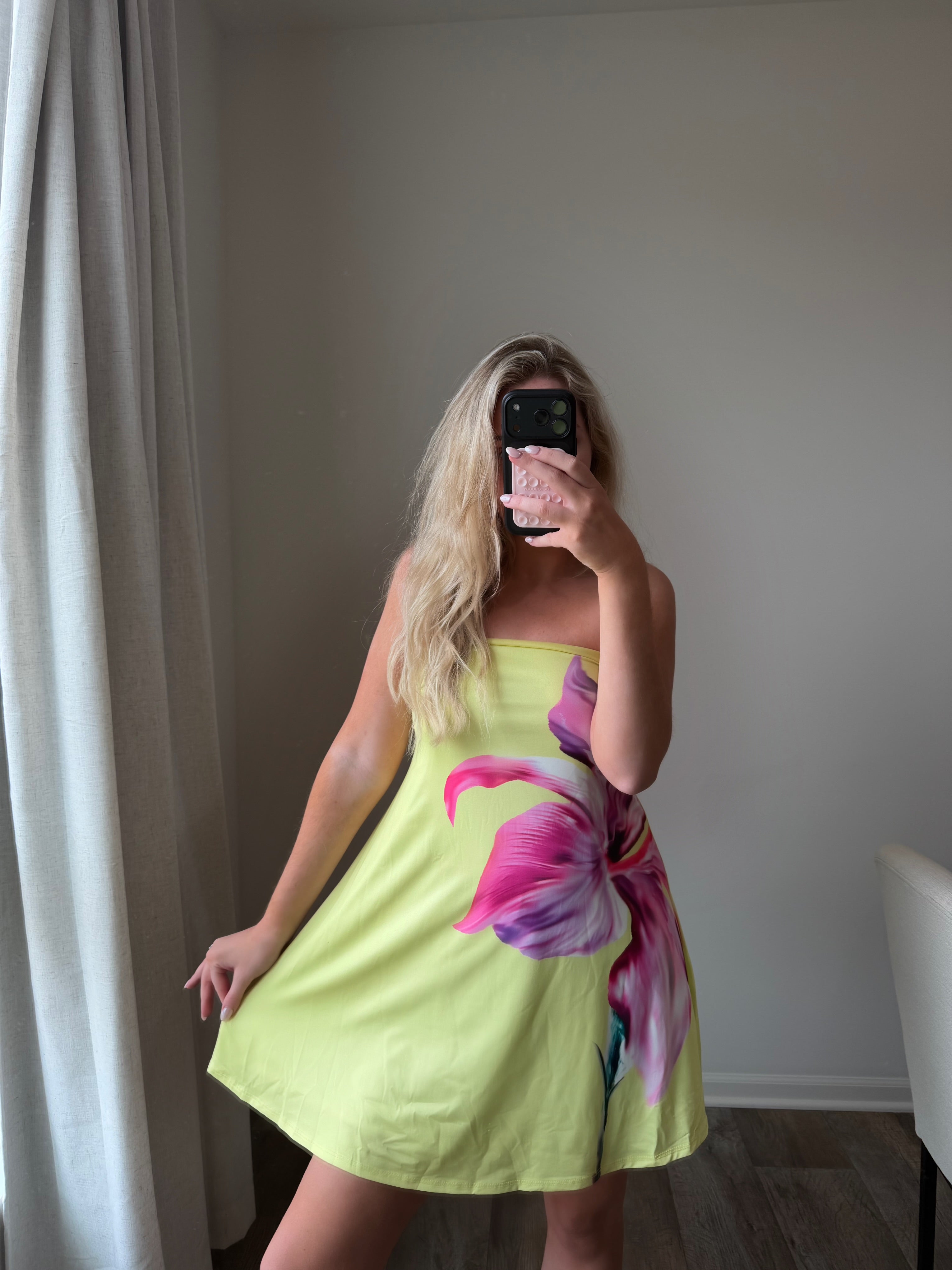 Kelsey Flowy Strapless Flower Dress - Yellow