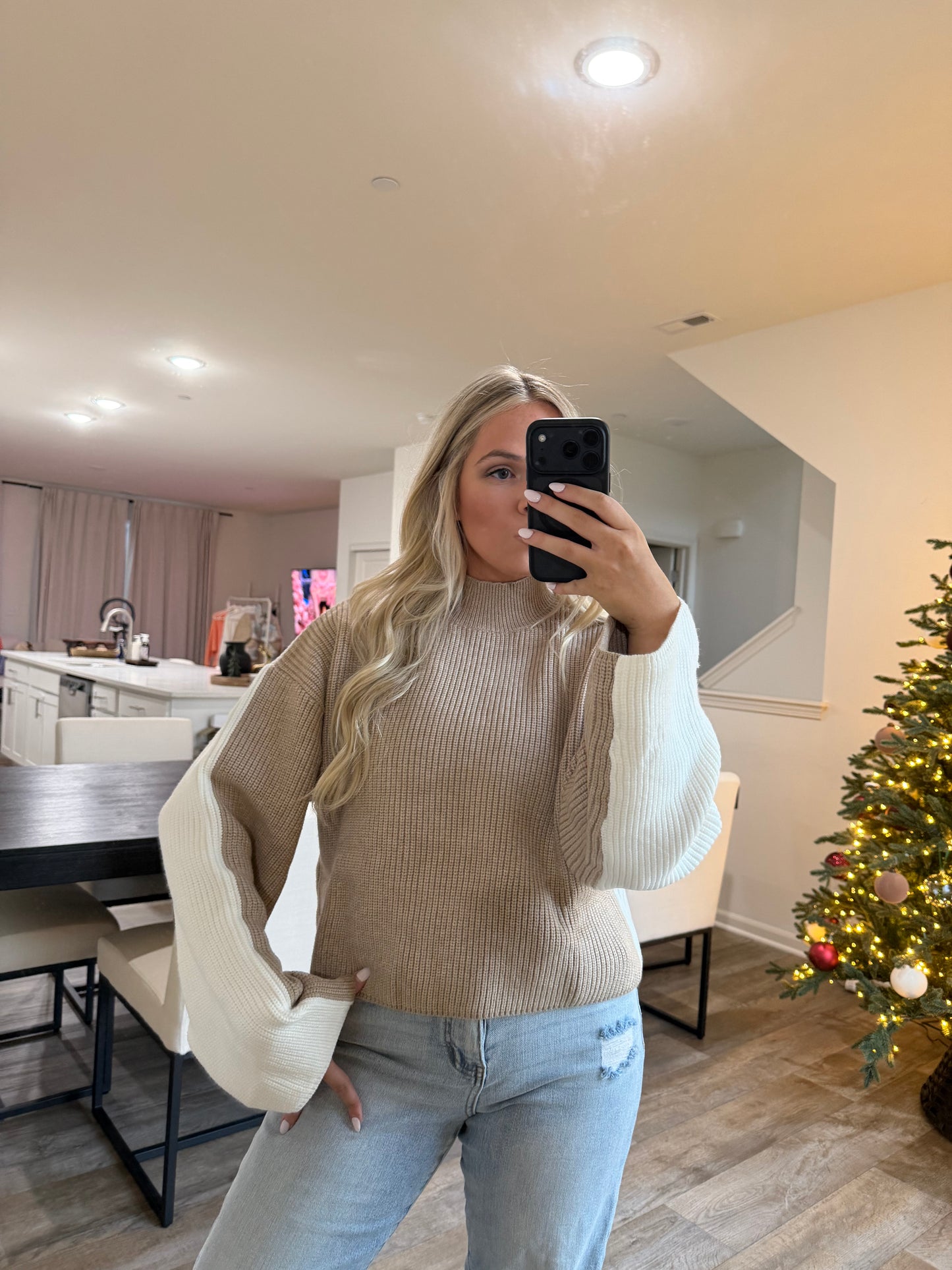 Carmen Mock Neck Two Tone Sweater-Taupe/Ivory