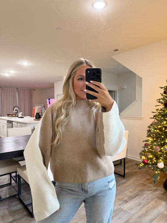 Carmen Mock Neck Two Tone Sweater-Taupe/Ivory