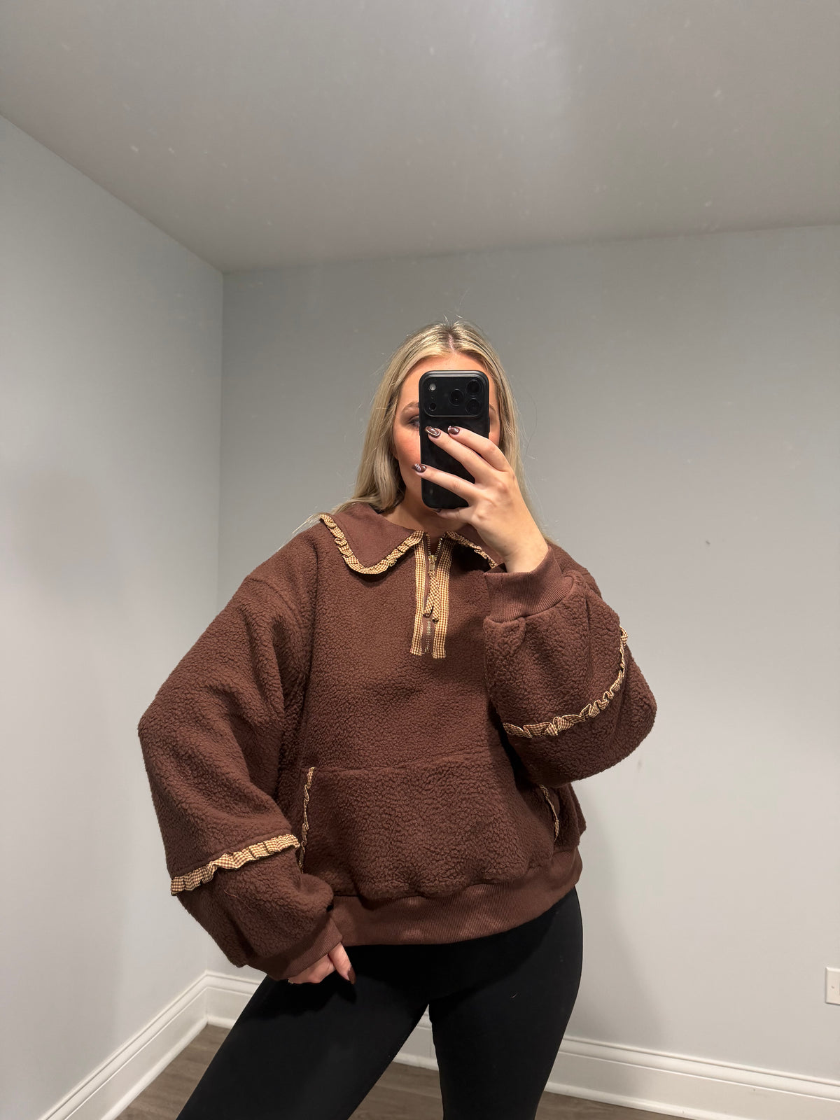 Kinsley Maple Gingham Sherpa Sweater - Brown