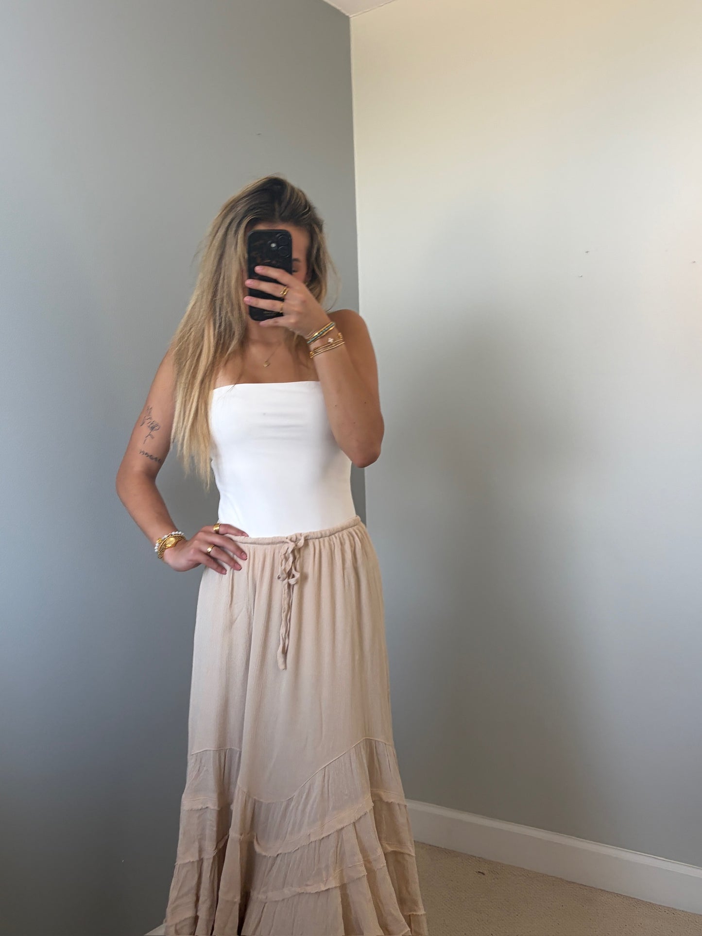 Reed Ruffle Maxi Skirt - Tan Natural