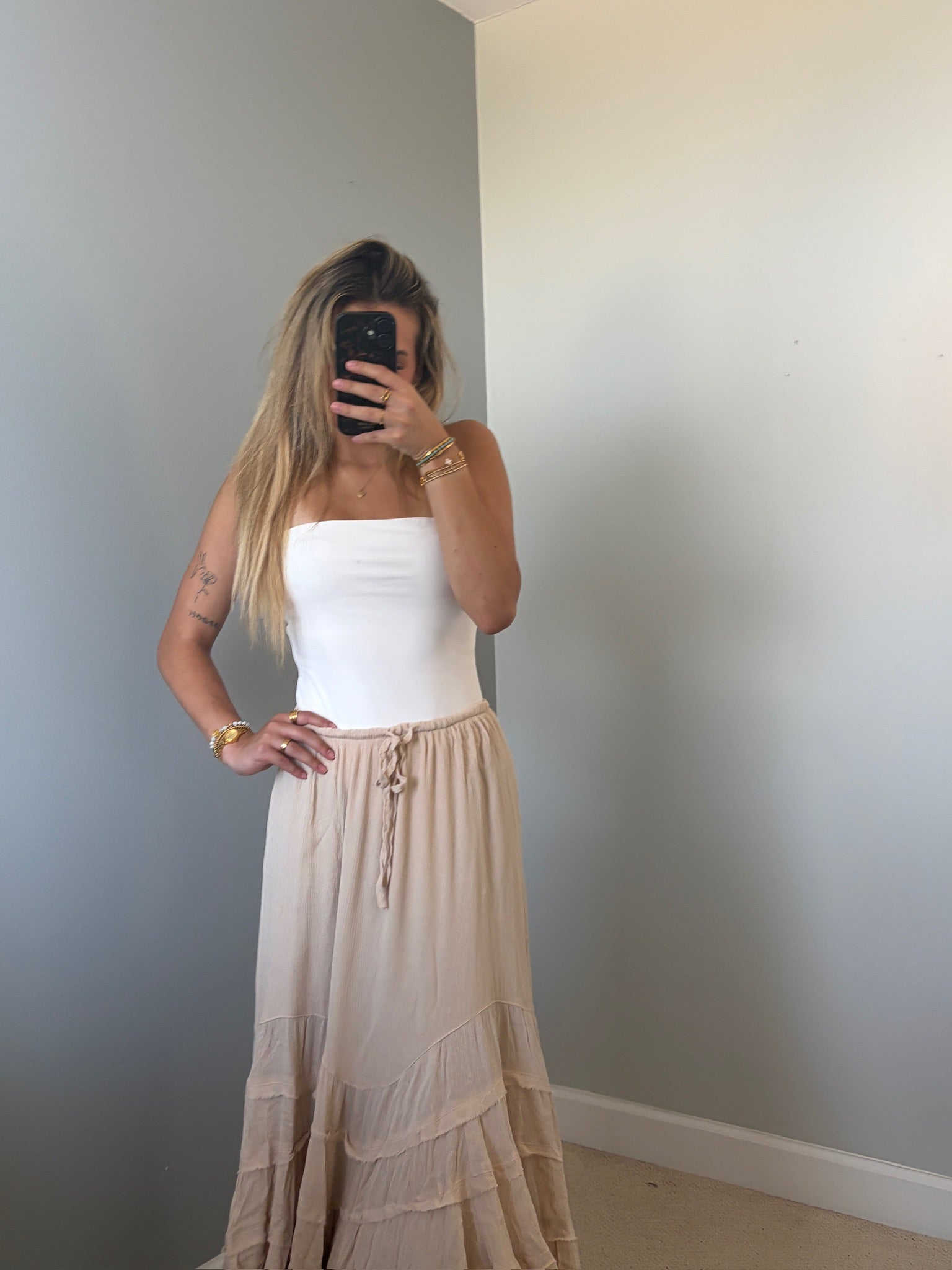 Reed Ruffle Maxi Skirt - Tan Natural