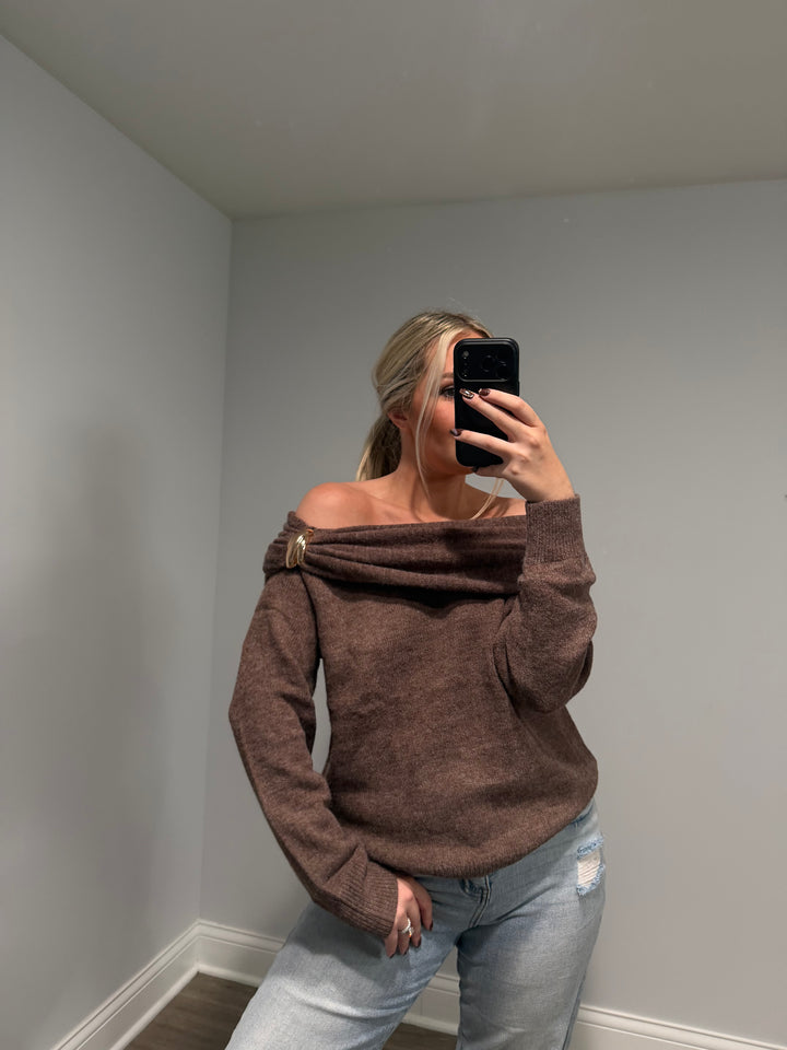 Emory Off the Shoulder Buckle Sweater - Brown