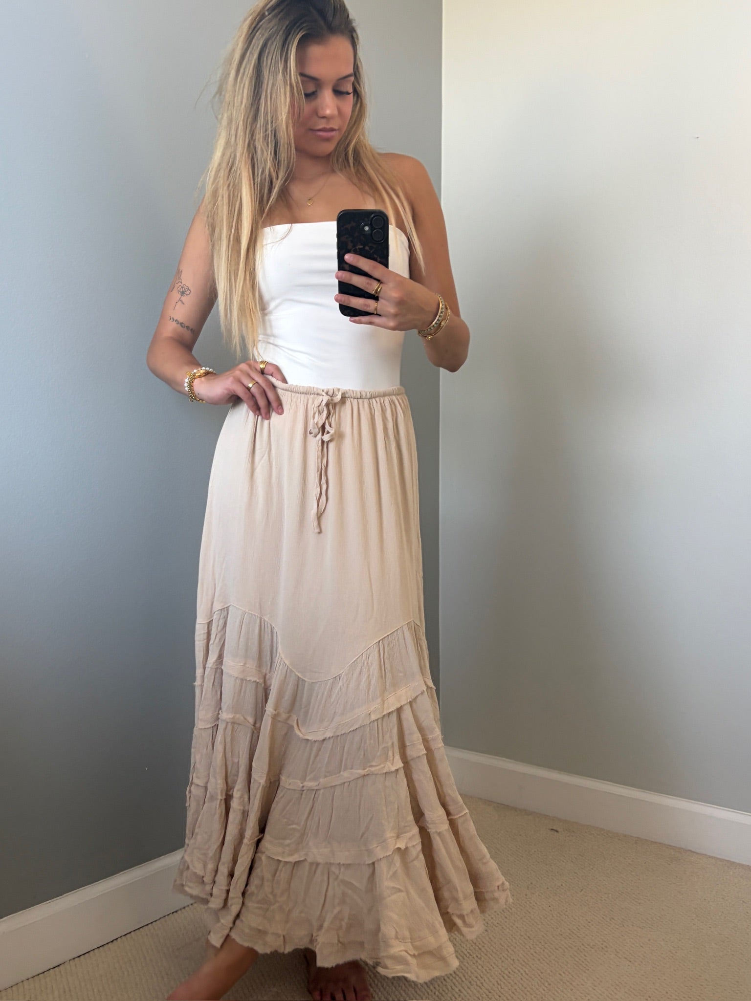 Reed Ruffle Maxi Skirt - Tan Natural