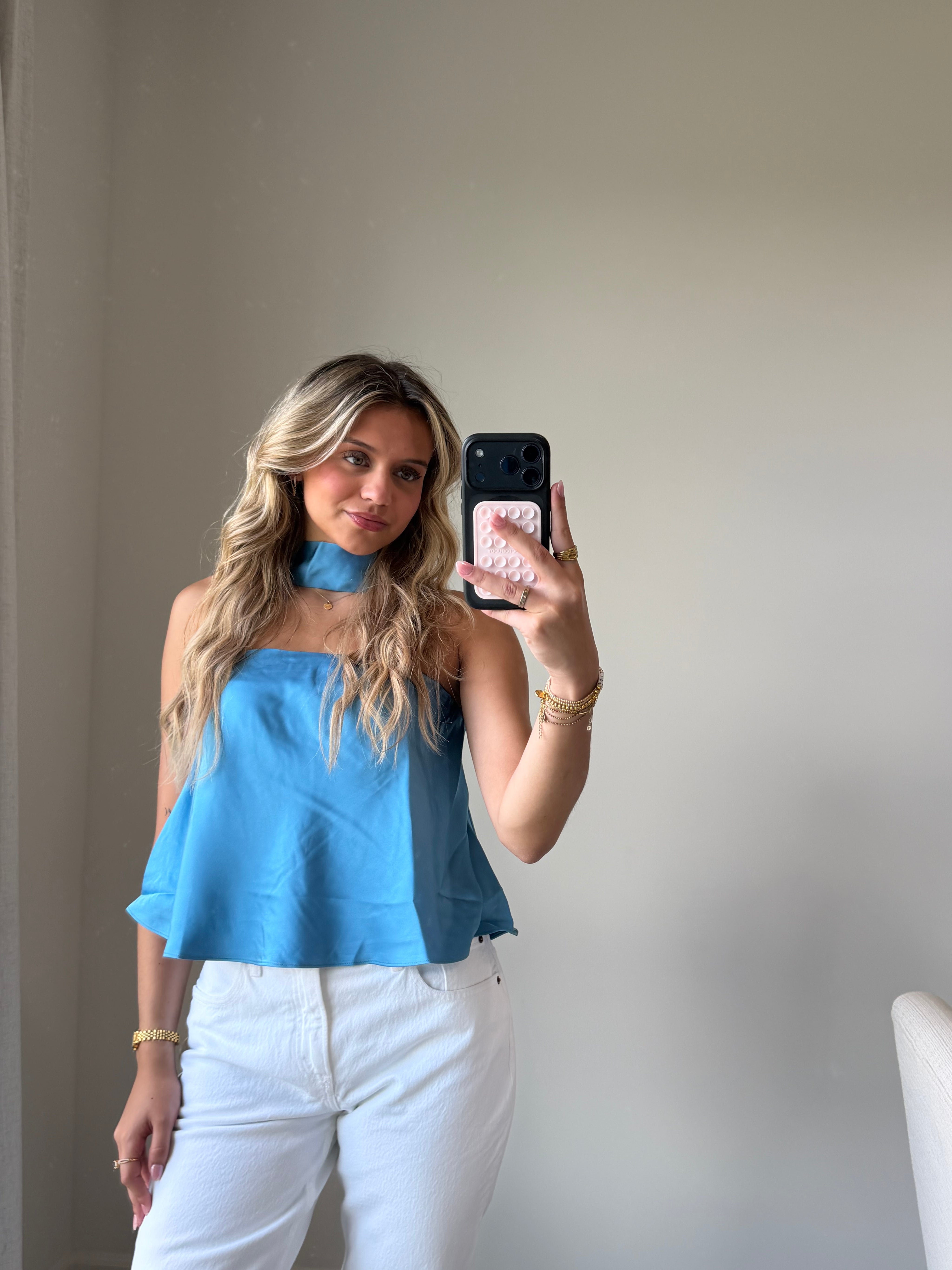 Sav Strapless Scarf Satin Top - Blue
