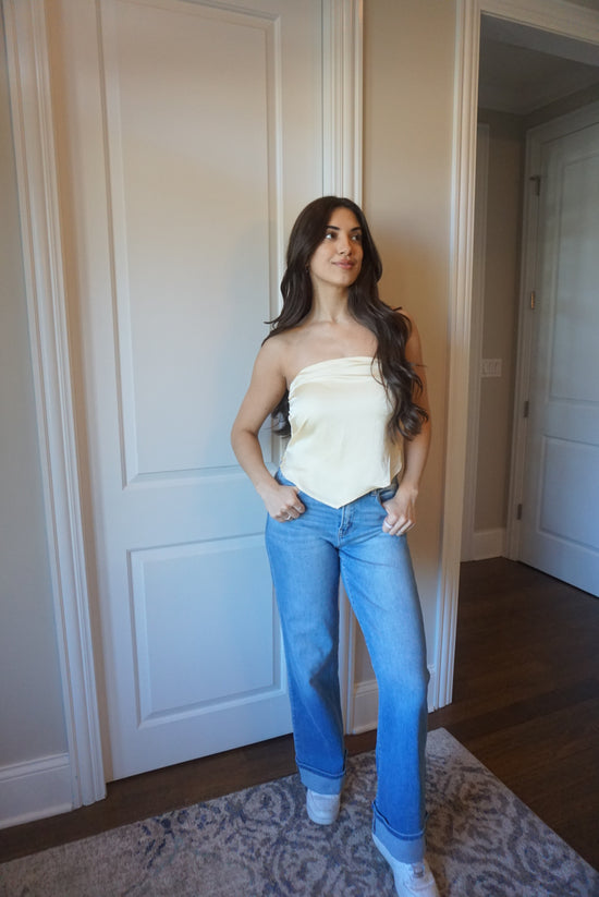Zoe Butter Lemon Scarf Strapless Satin Top - Yellow