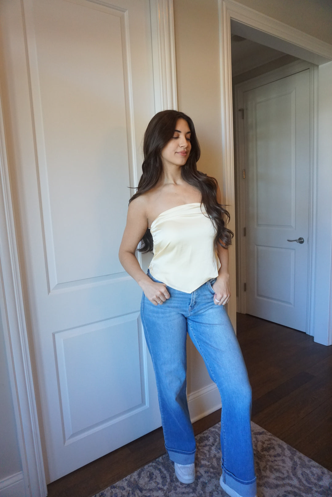 Zoe Butter Lemon Scarf Strapless Satin Top - Yellow