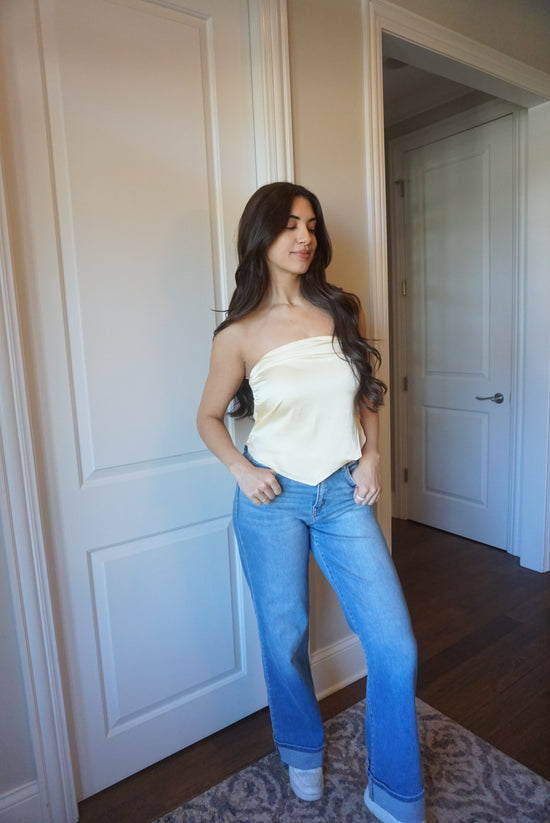 Zoe Butter Lemon Scarf Strapless Satin Top - Yellow