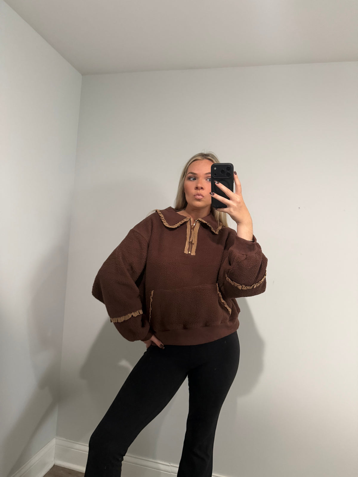Kinsley Maple Gingham Sherpa Sweater - Brown