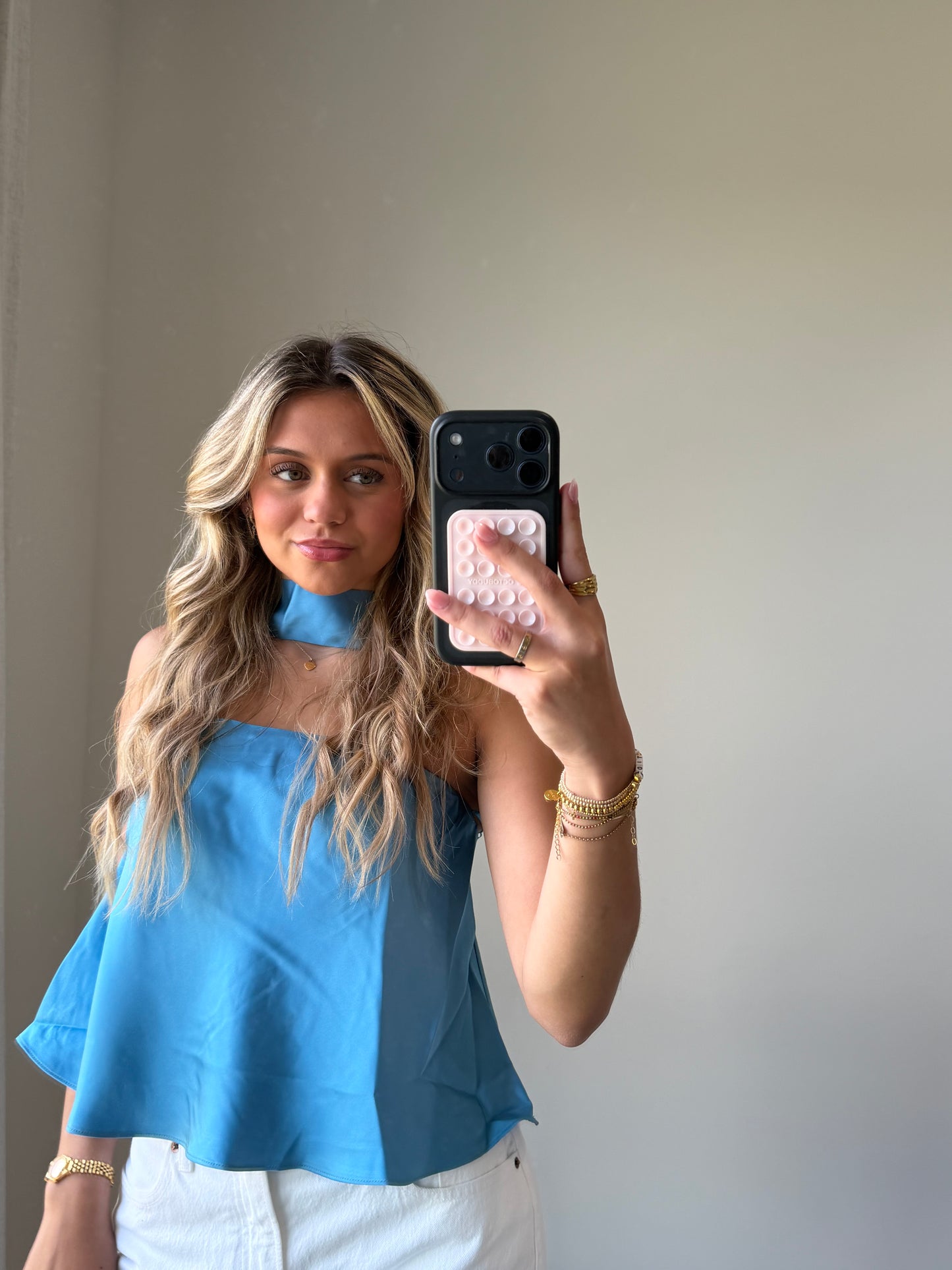 Sav Strapless Scarf Satin Top - Blue