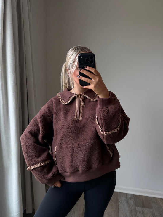 Kinsley Maple Gingham Sherpa Sweater - Brown