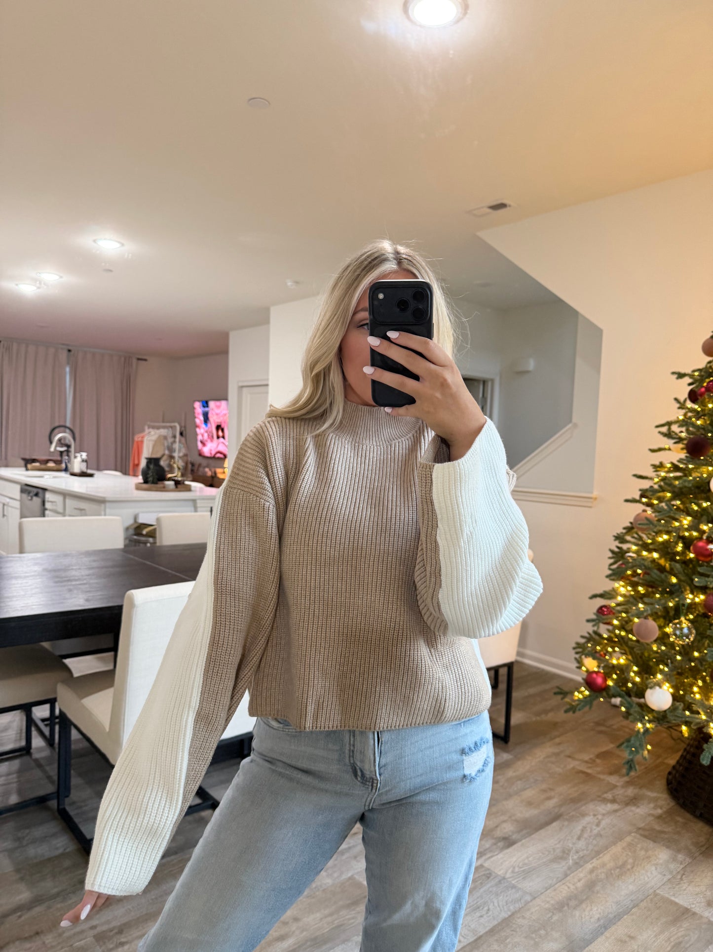 Carmen Mock Neck Two Tone Sweater-Taupe/Ivory