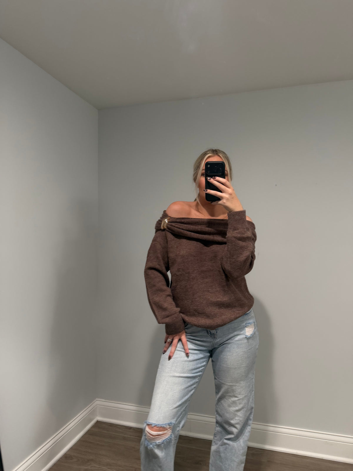 Emory Off the Shoulder Buckle Sweater - Brown